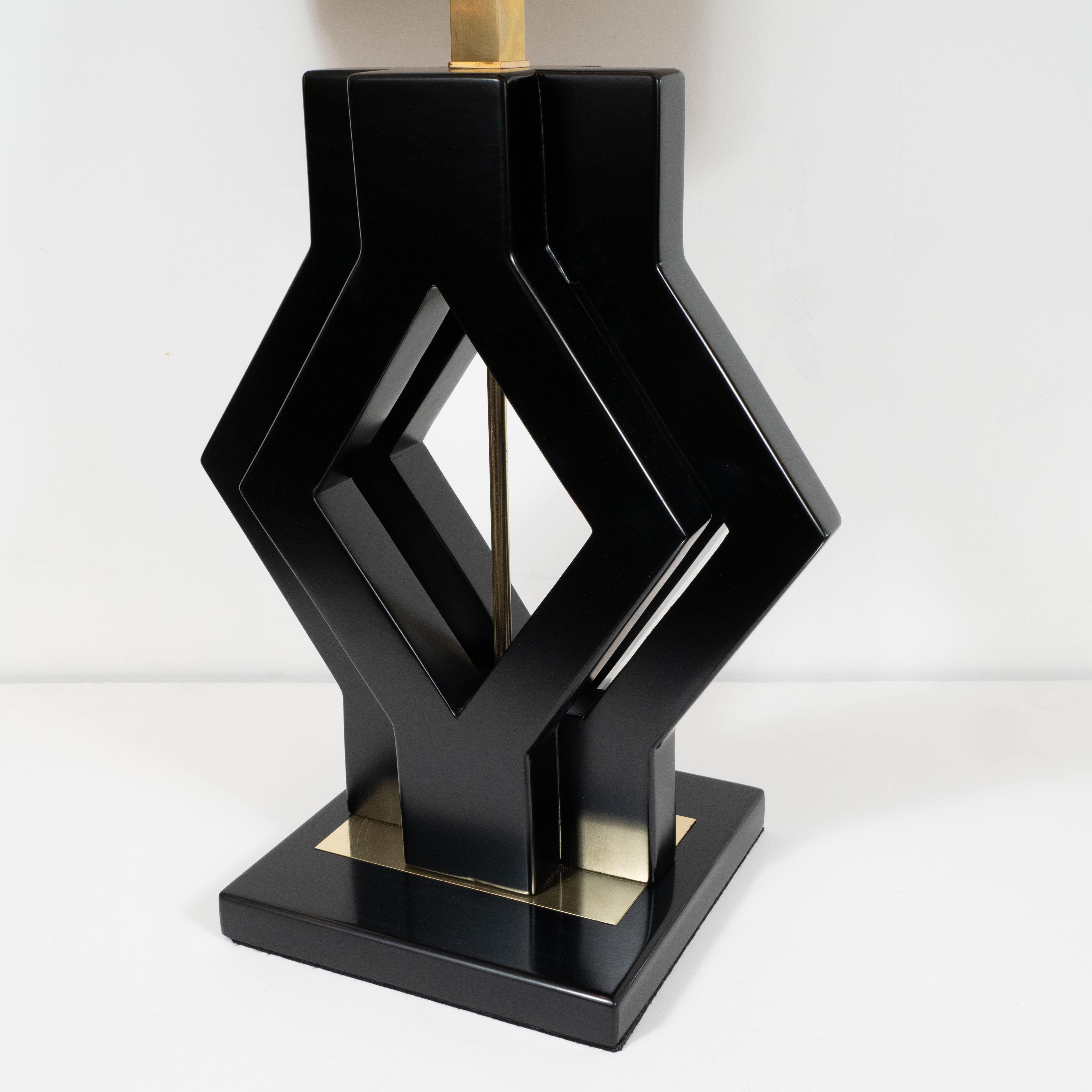 Pair of Mid-Century Modern Ebonized Walnut and Brass Geometric Table Lamps 3