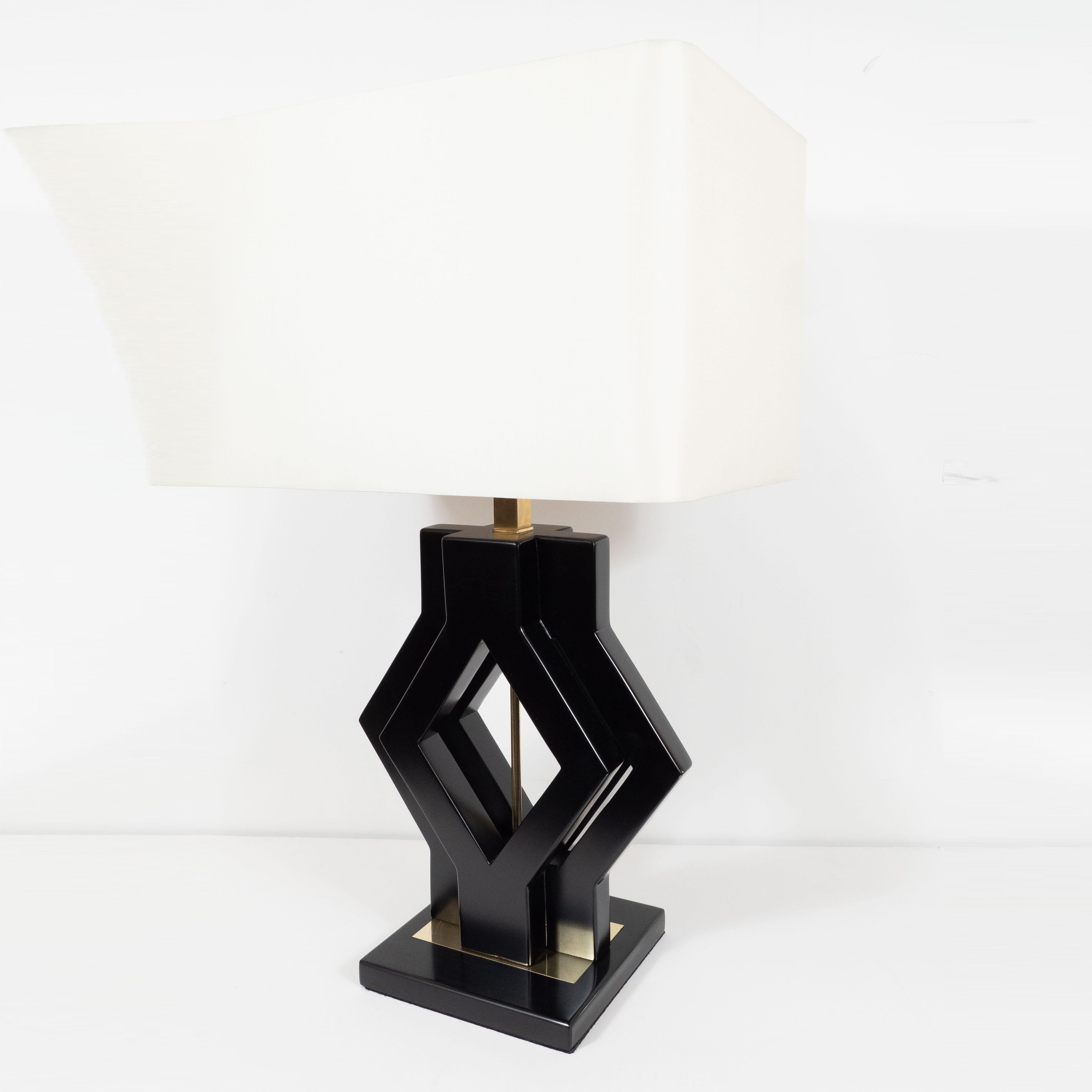 Pair of Mid-Century Modern Ebonized Walnut and Brass Geometric Table Lamps 4