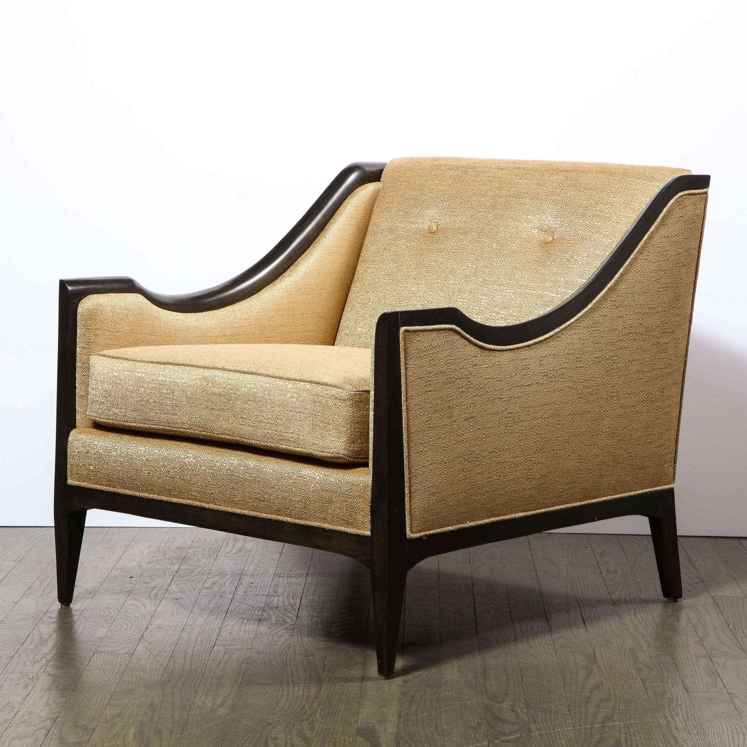 Pair of Mid-Century Modern Ebonized Walnut Club Chairs in Gold Holly Hunt Fabric 6