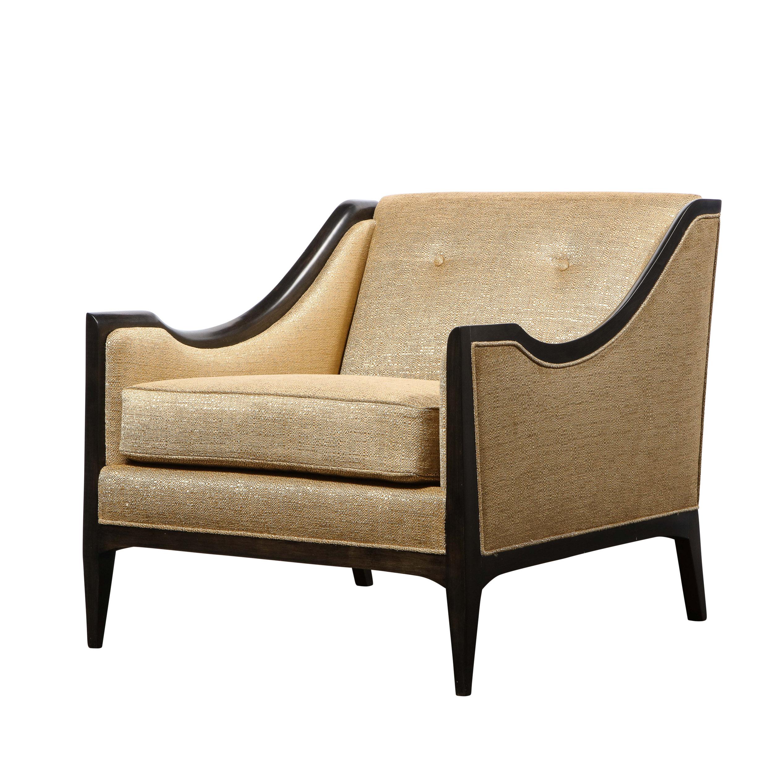 Pair of Mid-Century Modern Ebonized Walnut Club Chairs in Gold Holly Hunt Fabric 7