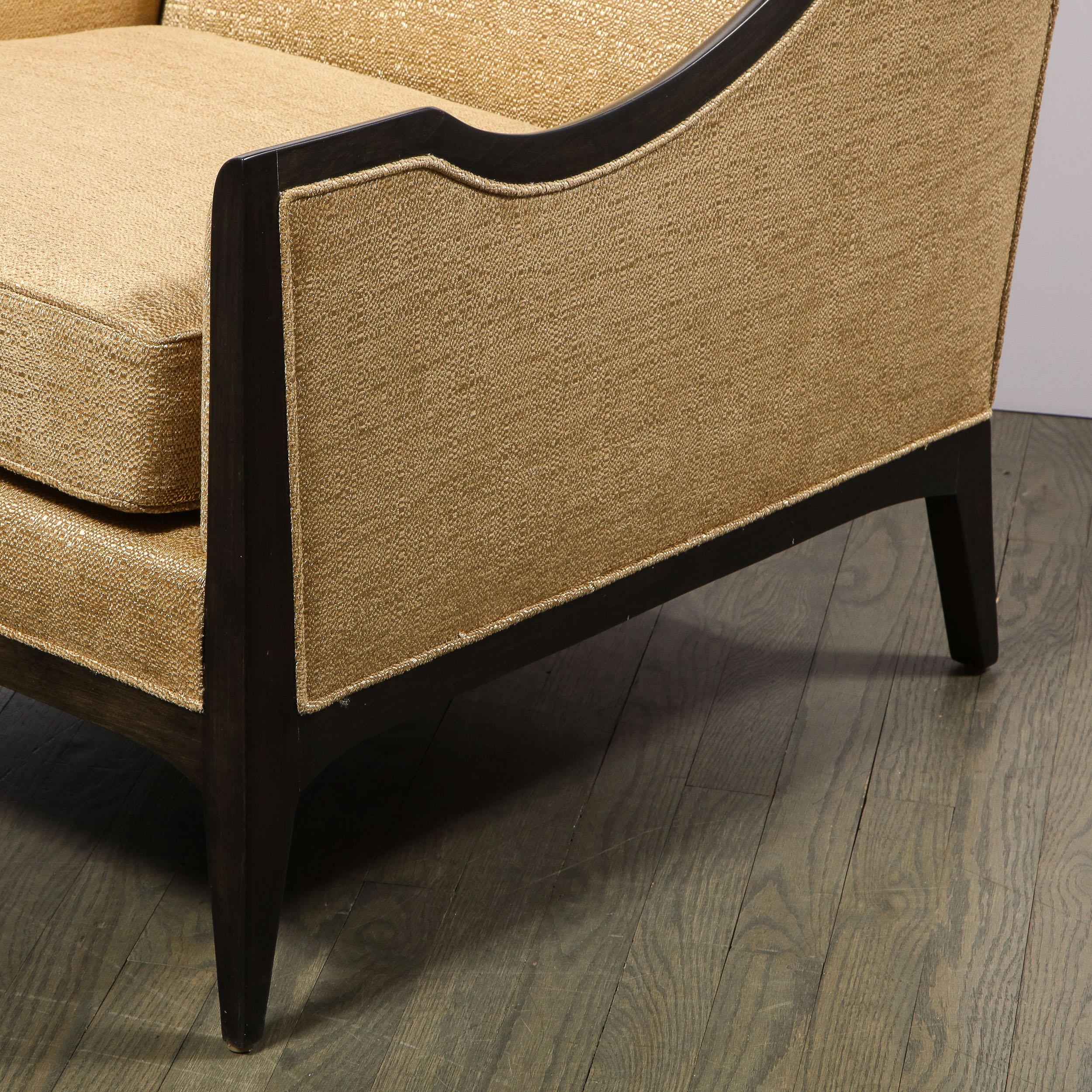Pair of Mid-Century Modern Ebonized Walnut Club Chairs in Gold Holly Hunt Fabric 9