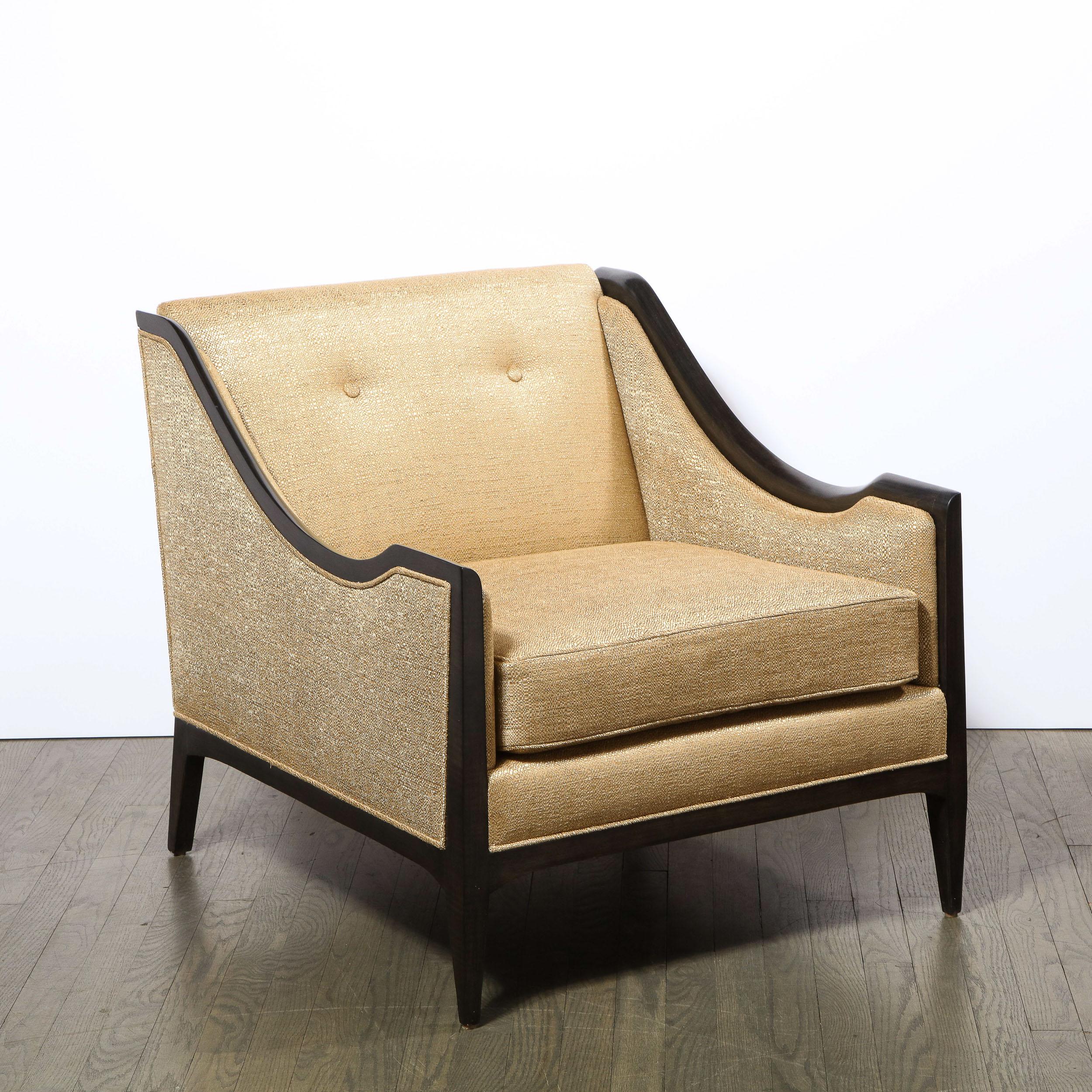 American Pair of Mid-Century Modern Ebonized Walnut Club Chairs in Gold Holly Hunt Fabric