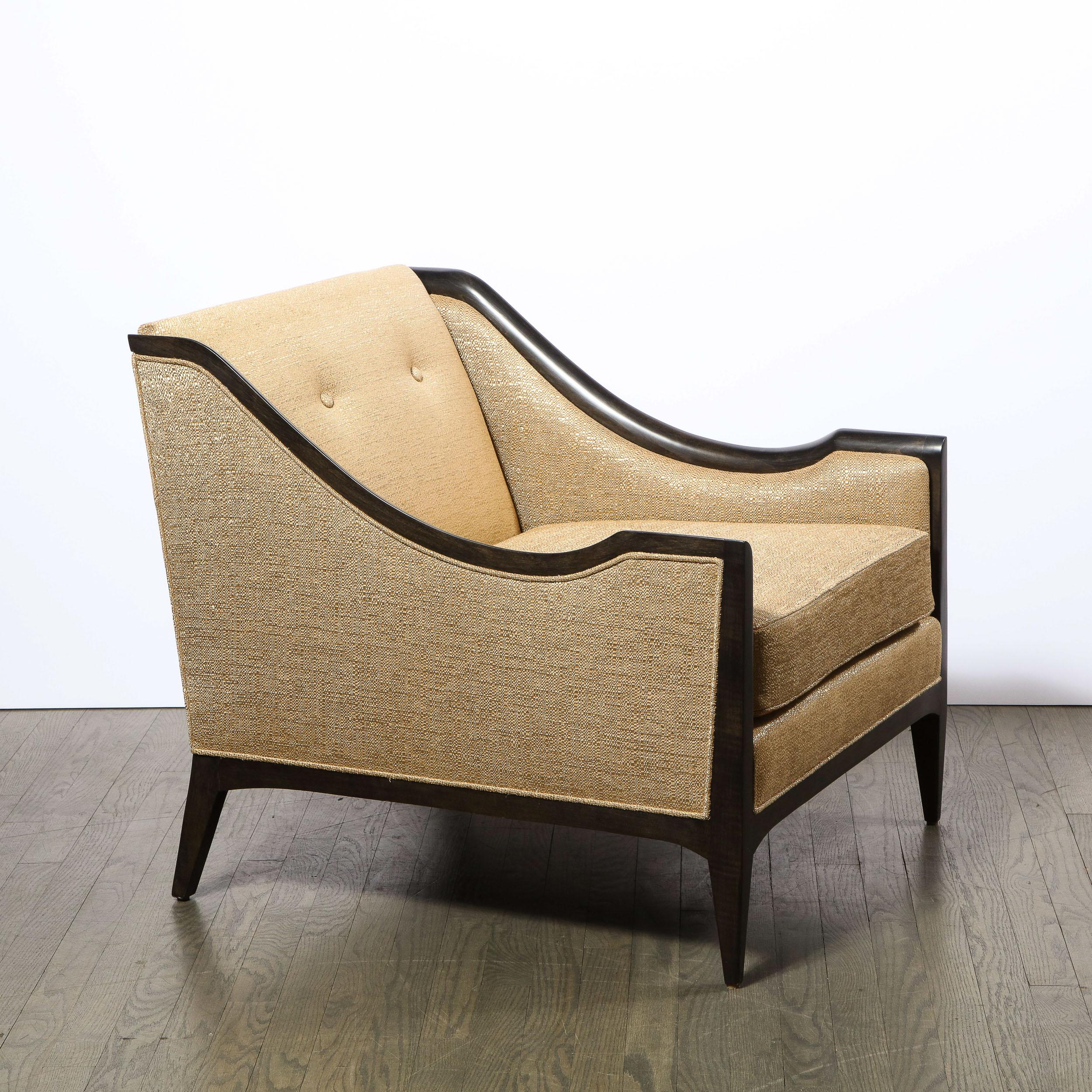 Mid-20th Century Pair of Mid-Century Modern Ebonized Walnut Club Chairs in Gold Holly Hunt Fabric