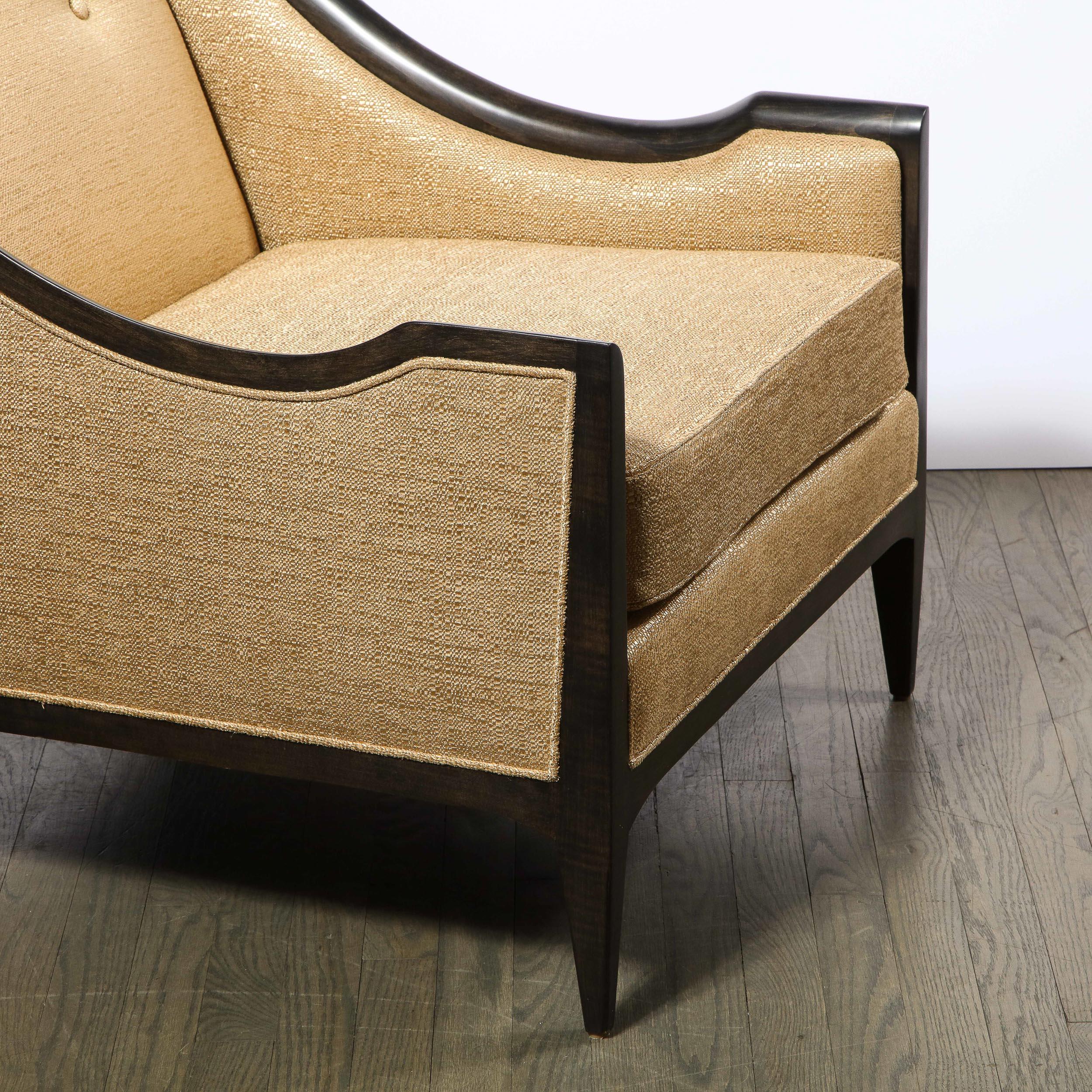 Pair of Mid-Century Modern Ebonized Walnut Club Chairs in Gold Holly Hunt Fabric 1
