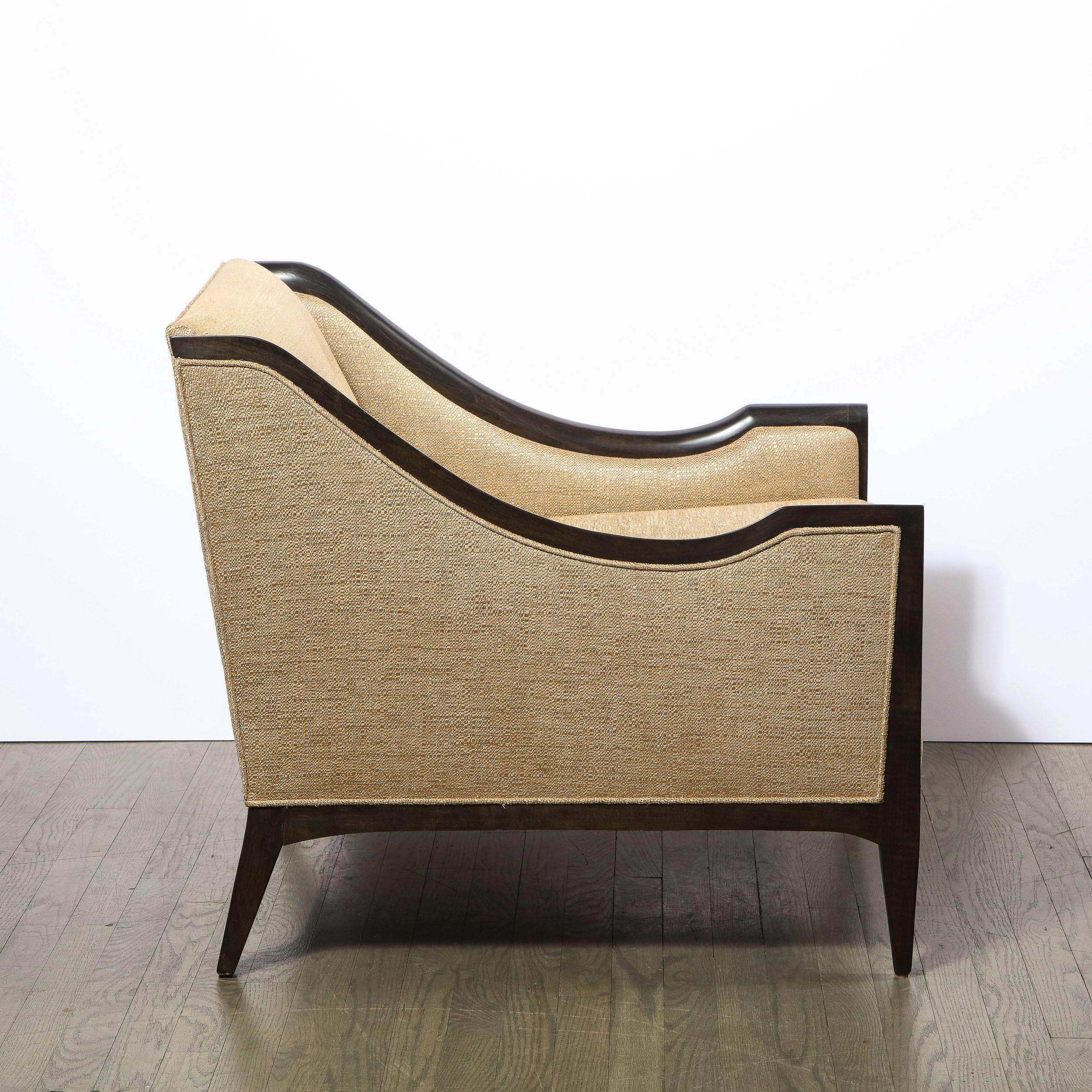 Pair of Mid-Century Modern Ebonized Walnut Club Chairs in Gold Holly Hunt Fabric 2