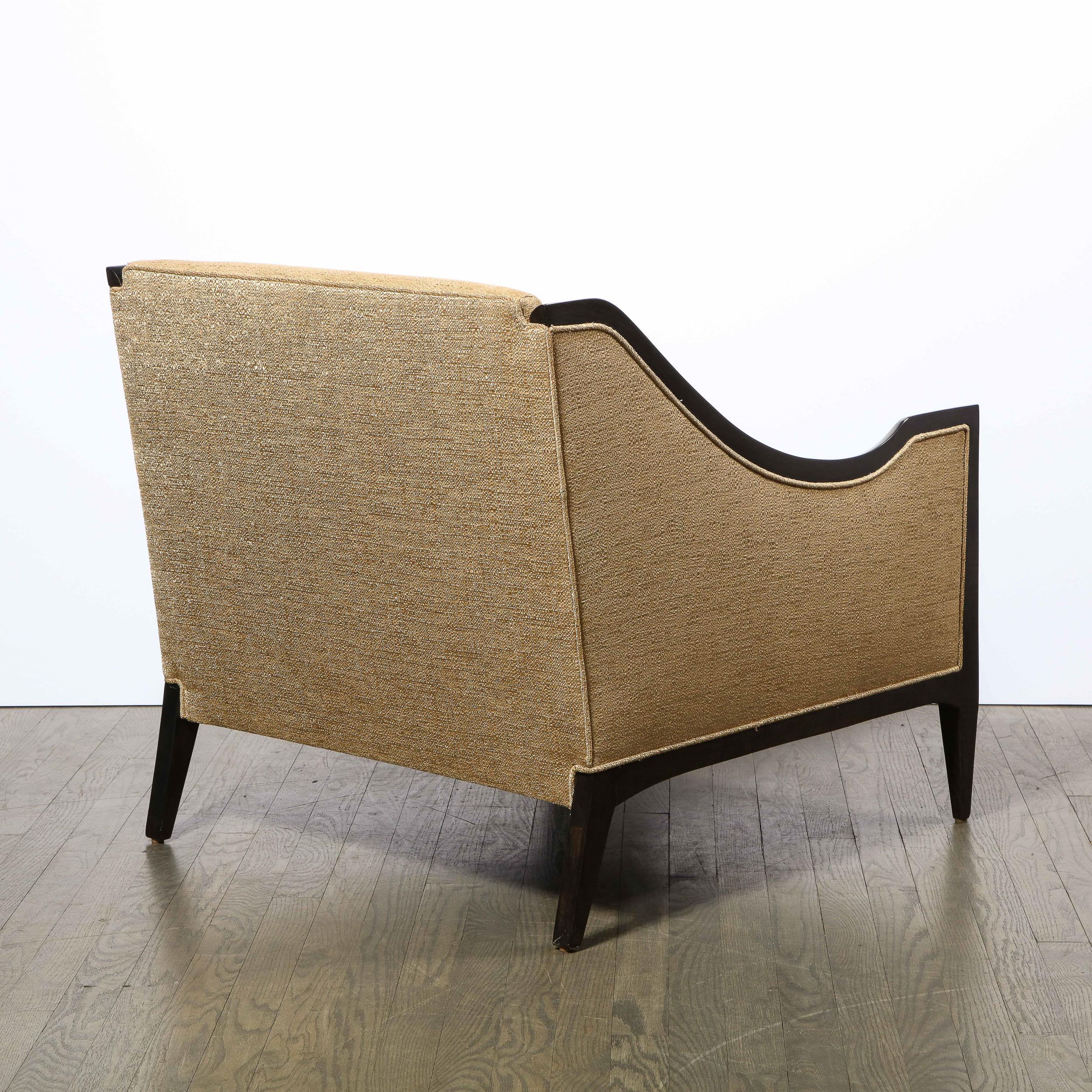 Pair of Mid-Century Modern Ebonized Walnut Club Chairs in Gold Holly Hunt Fabric 3