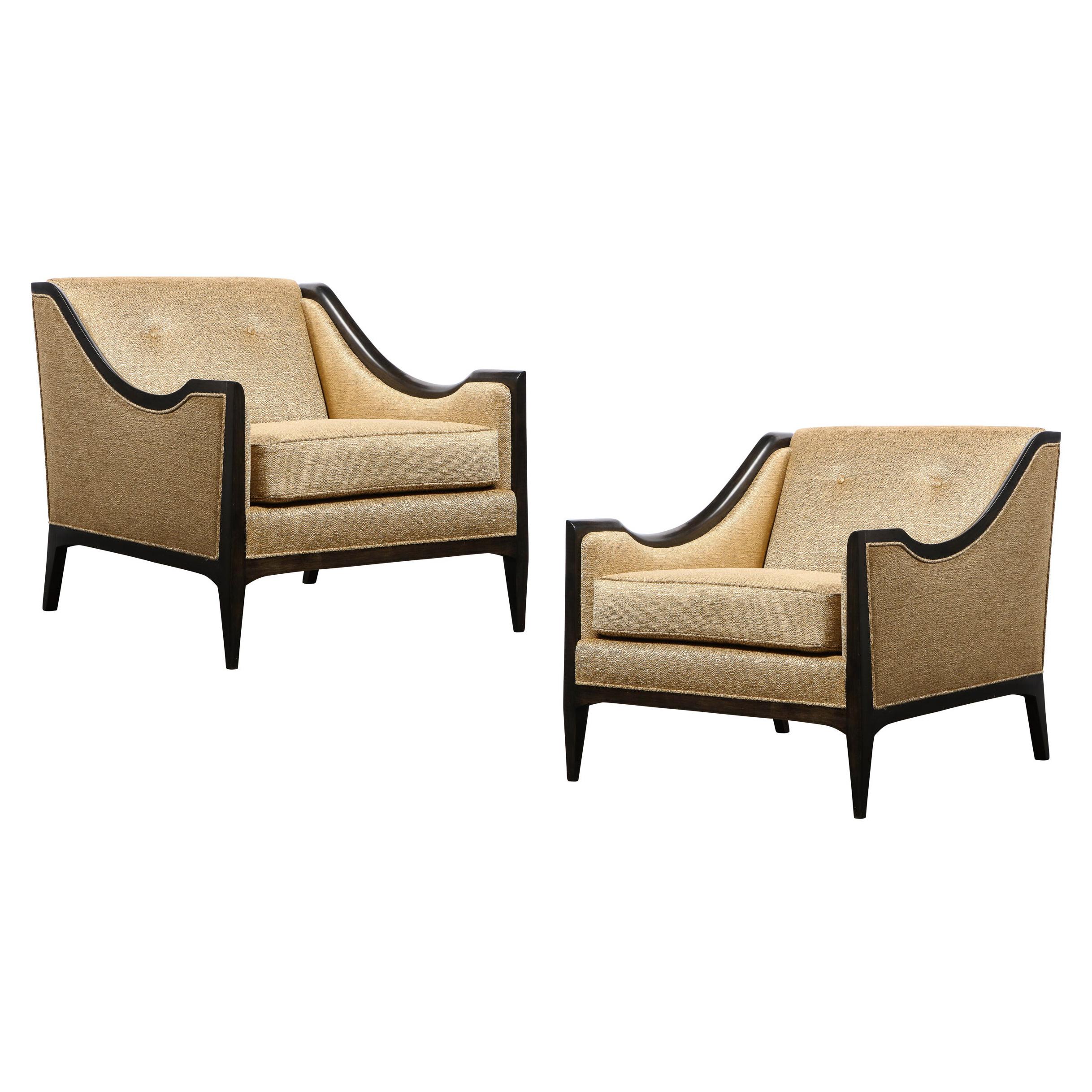 Pair of Mid-Century Modern Ebonized Walnut Club Chairs in Gold Holly Hunt Fabric