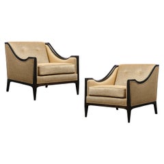 Pair of Mid-Century Modern Ebonized Walnut Club Chairs in Gold Holly Hunt Fabric