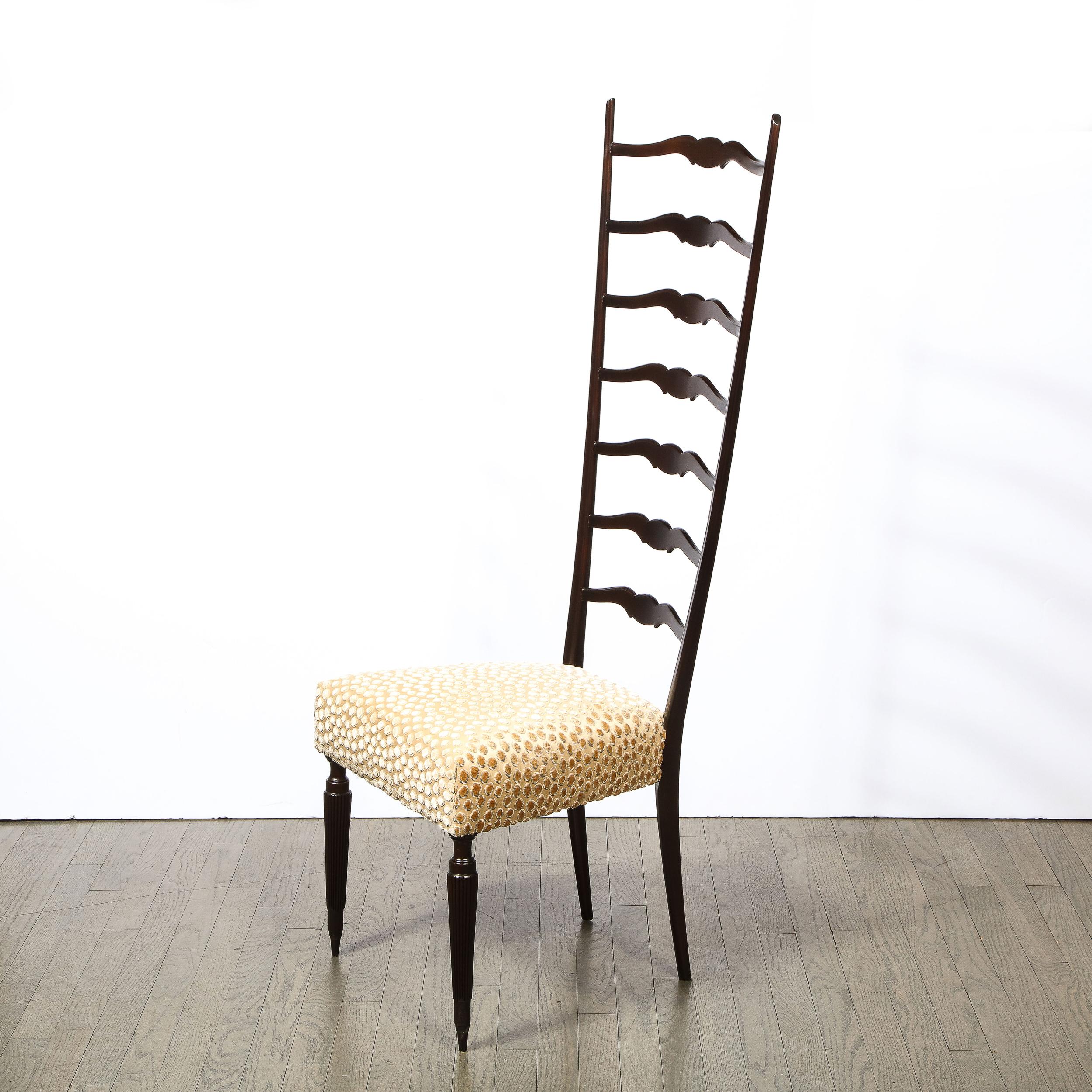 Pair of Mid-Century Modern Ebonized Walnut & Gauffraged Velvet Ladderback Chairs 5