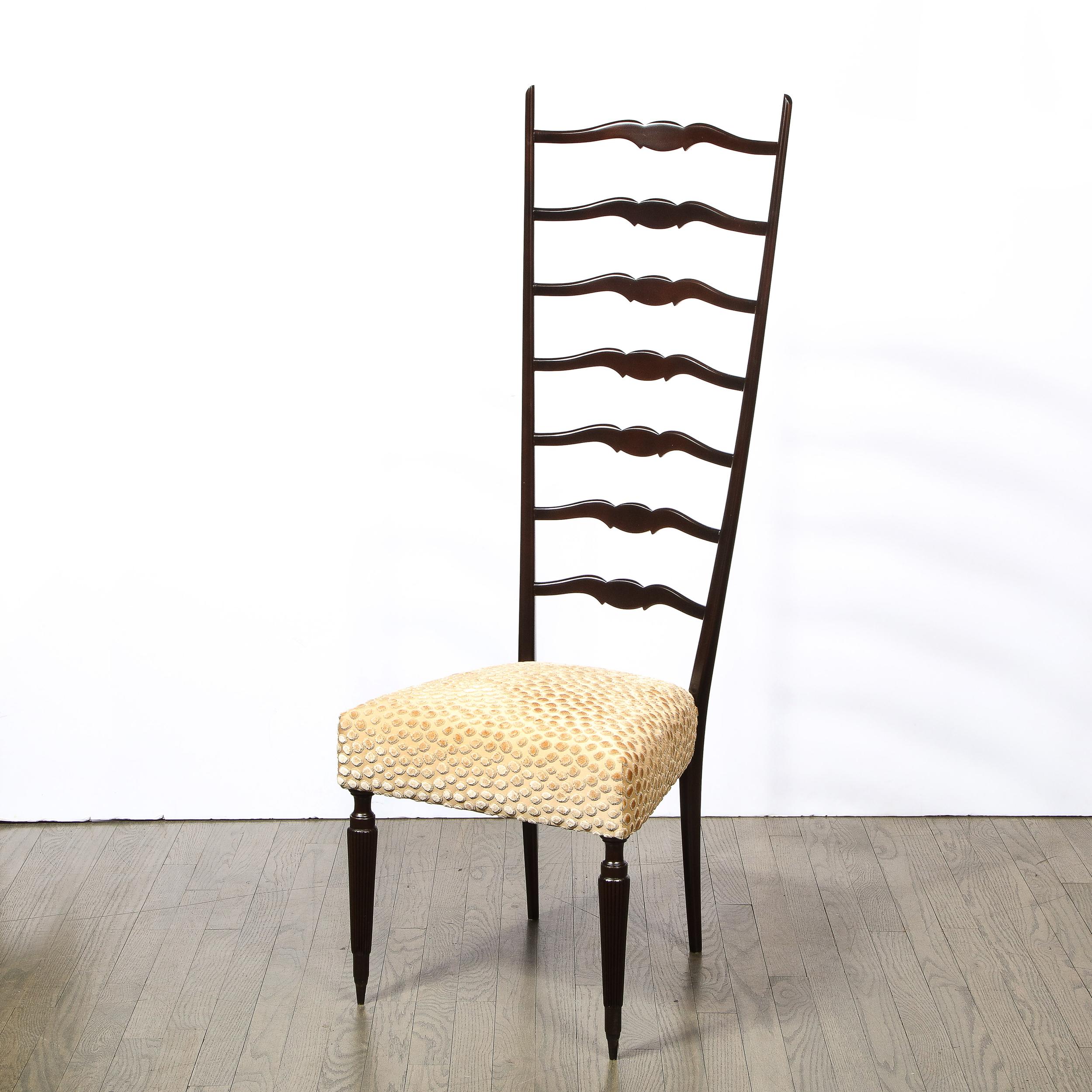Pair of Mid-Century Modern Ebonized Walnut & Gauffraged Velvet Ladderback Chairs 11