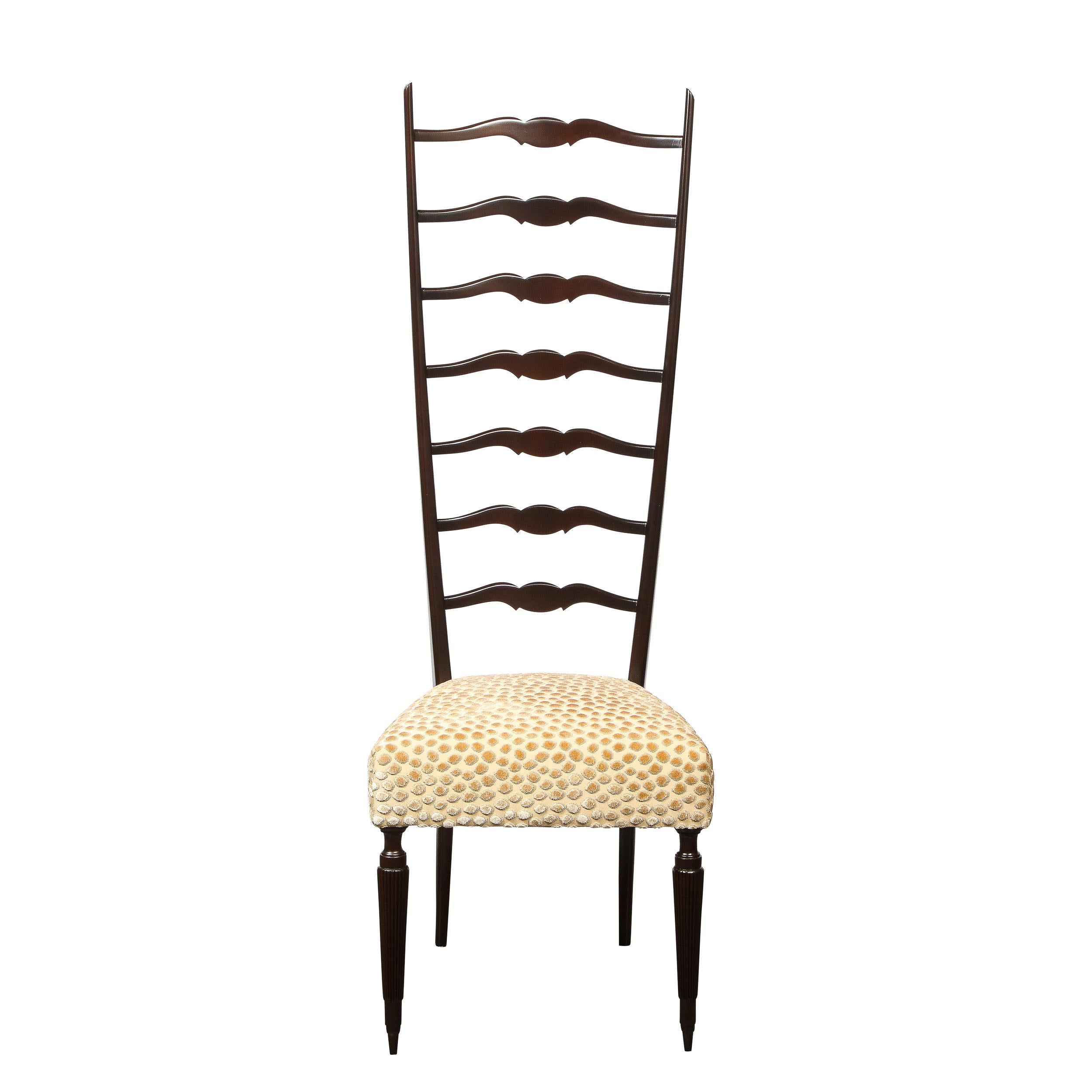 Italian Pair of Mid-Century Modern Ebonized Walnut & Gauffraged Velvet Ladderback Chairs