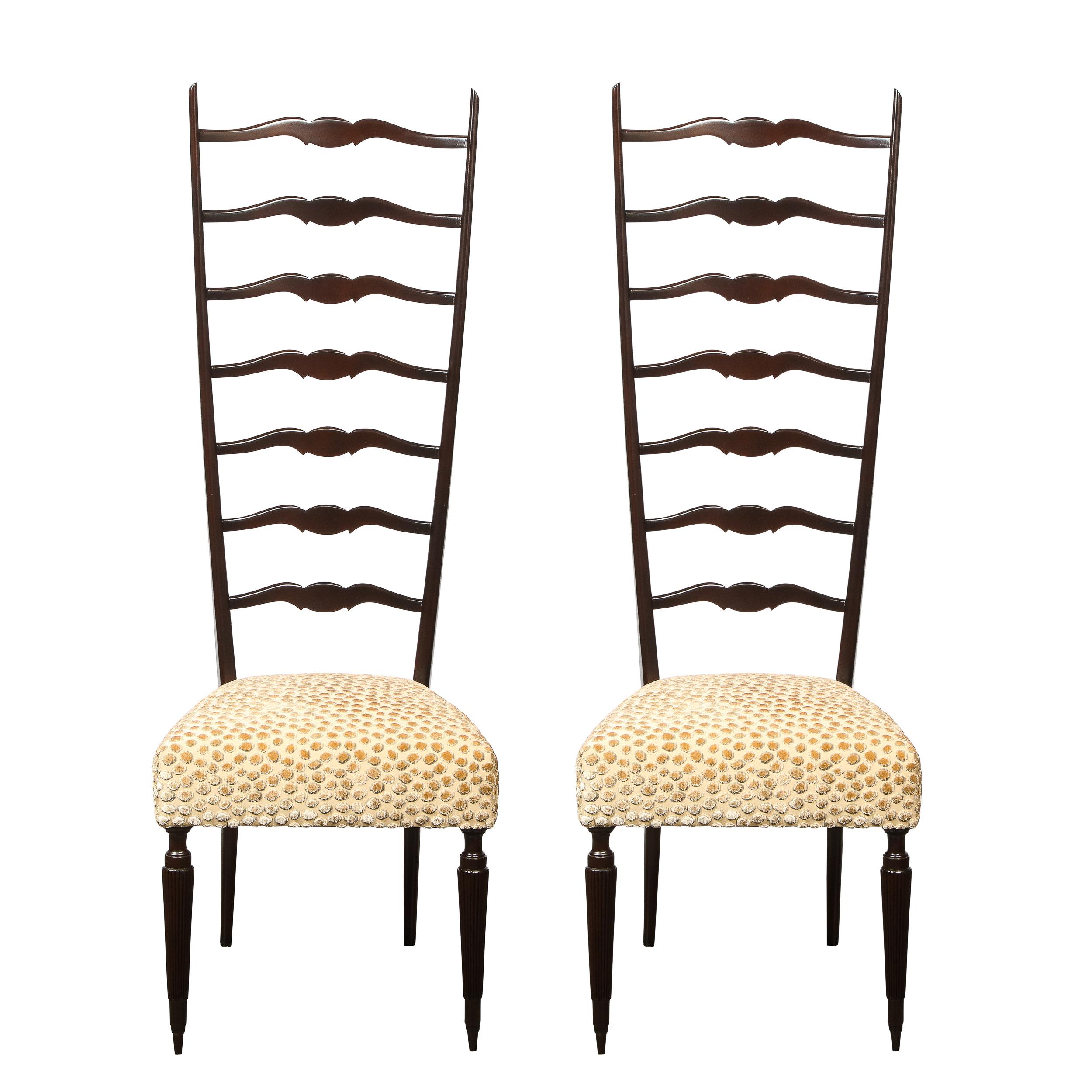 Pair of Mid-Century Modern Ebonized Walnut & Gauffraged Velvet Ladderback Chairs In Excellent Condition In New York, NY