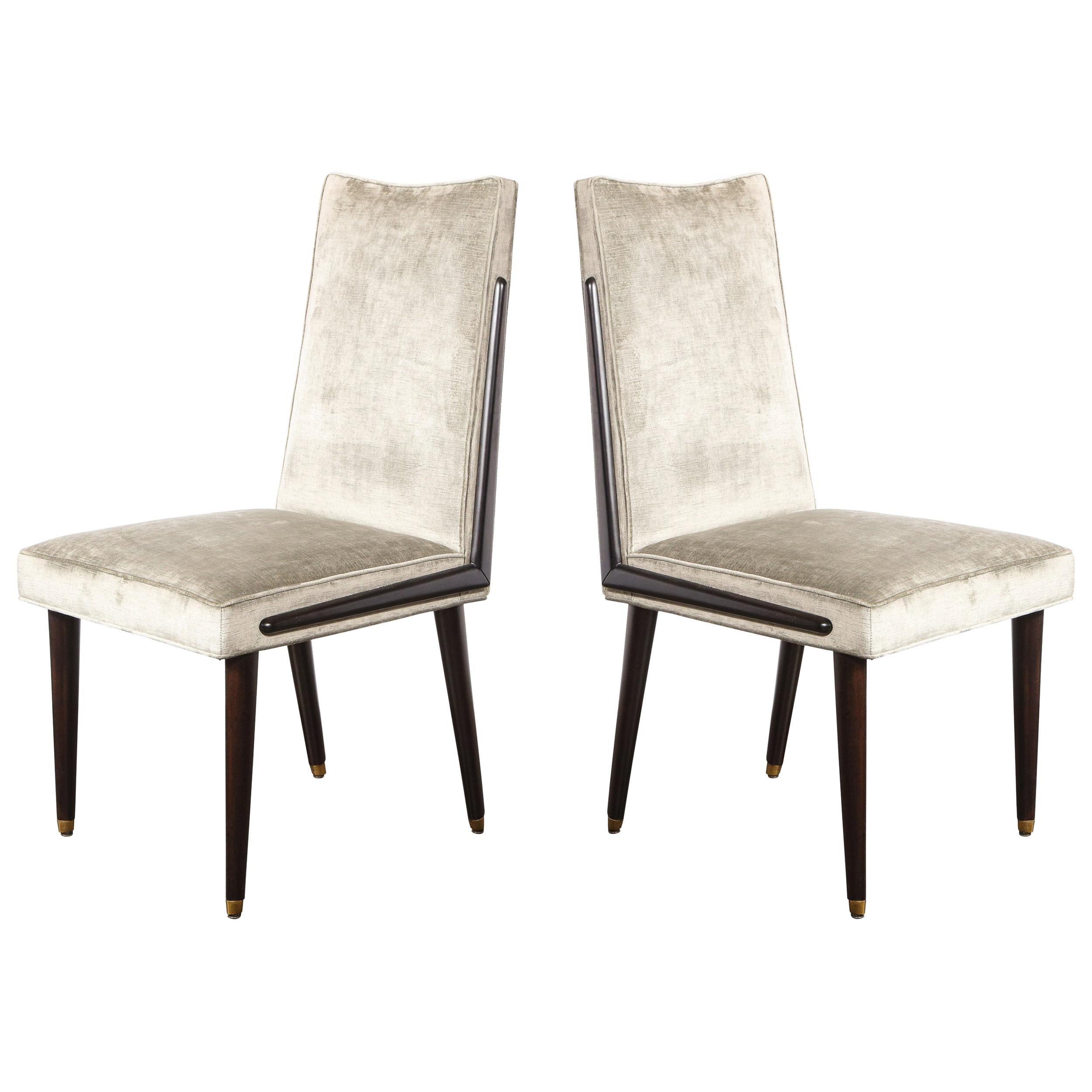 Pair of Mid-Century Modern Ebonized Walnut & Platinum Velvet Side Chairs