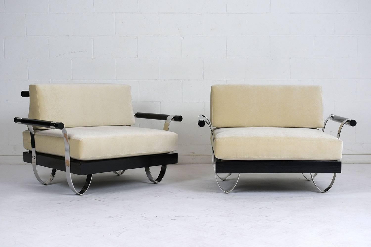 Carved Pair of Mid-Century Modern Ebonized Wood and Chrome Lounge Chairs