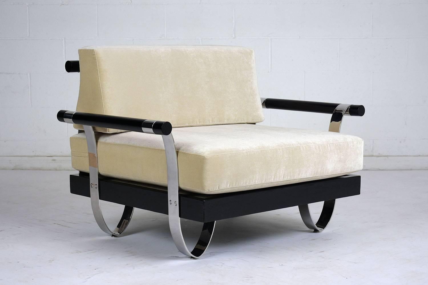 Pair of Mid-Century Modern Ebonized Wood and Chrome Lounge Chairs 1