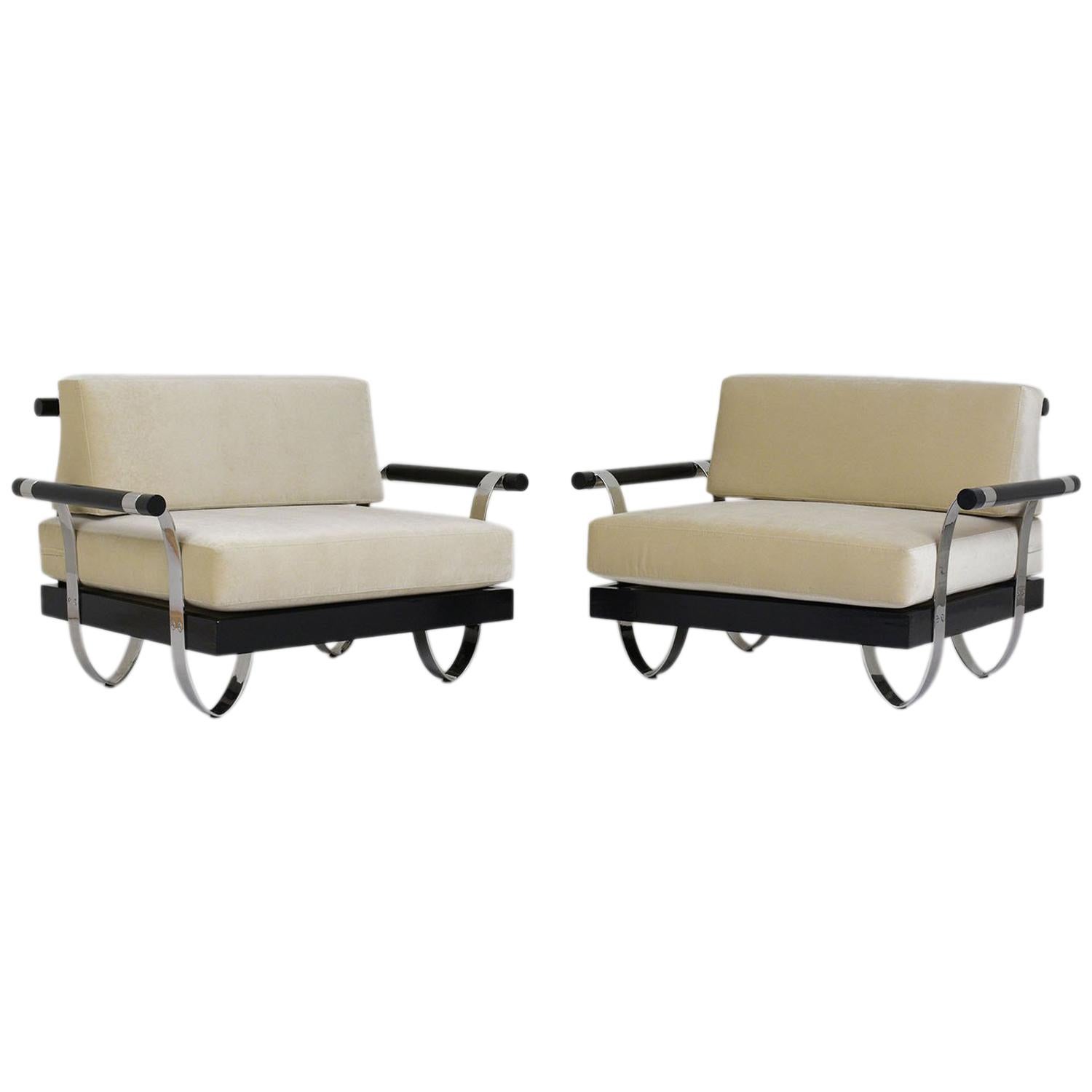Pair of Mid-Century Modern Ebonized Wood and Chrome Lounge Chairs