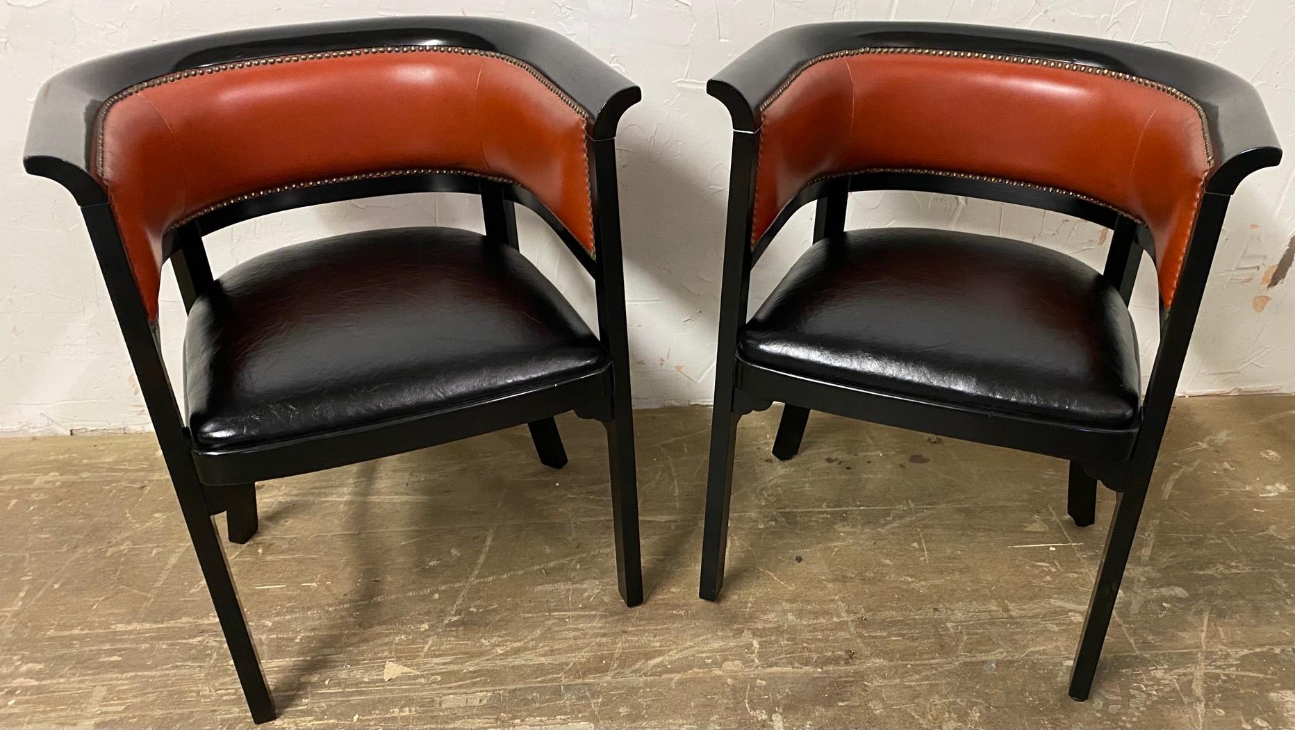 Pair of Mid-Century Modern Ebony Black Lacquered Arm Chairs For Sale 1