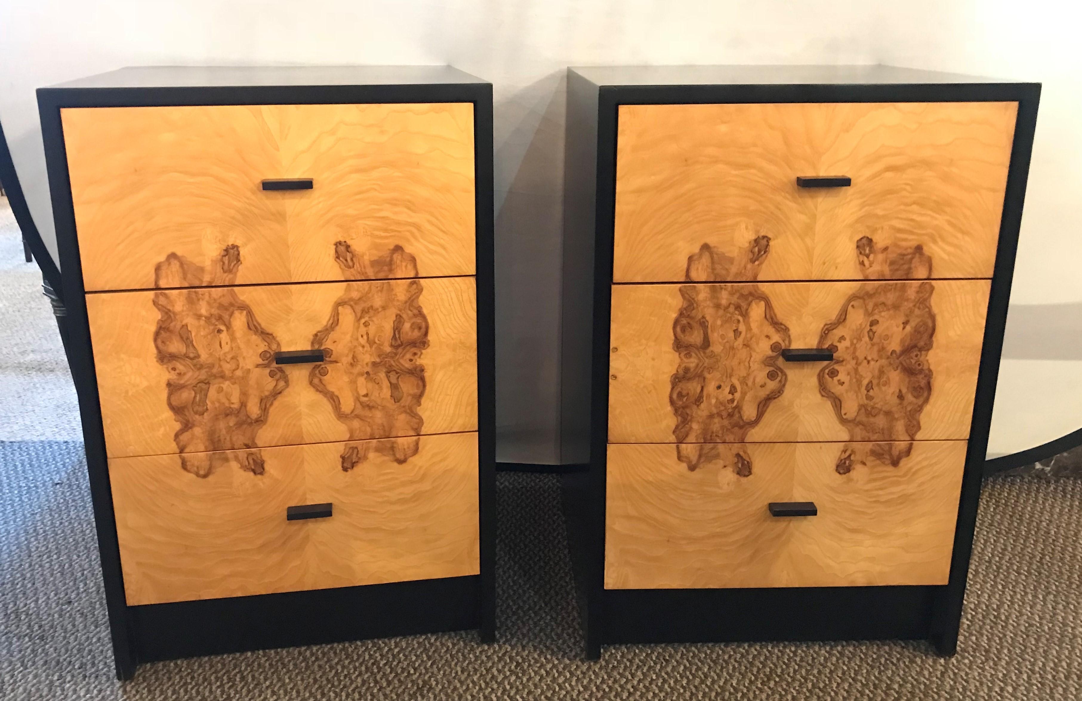 Pair of Mid-Century Modern ebony and burl wood Harvey Probber end tables or nightstands designed by Taylor Coughlin. Each having a finely ebonized case with burl wood drawer fronts and ebonized drawer pulls.