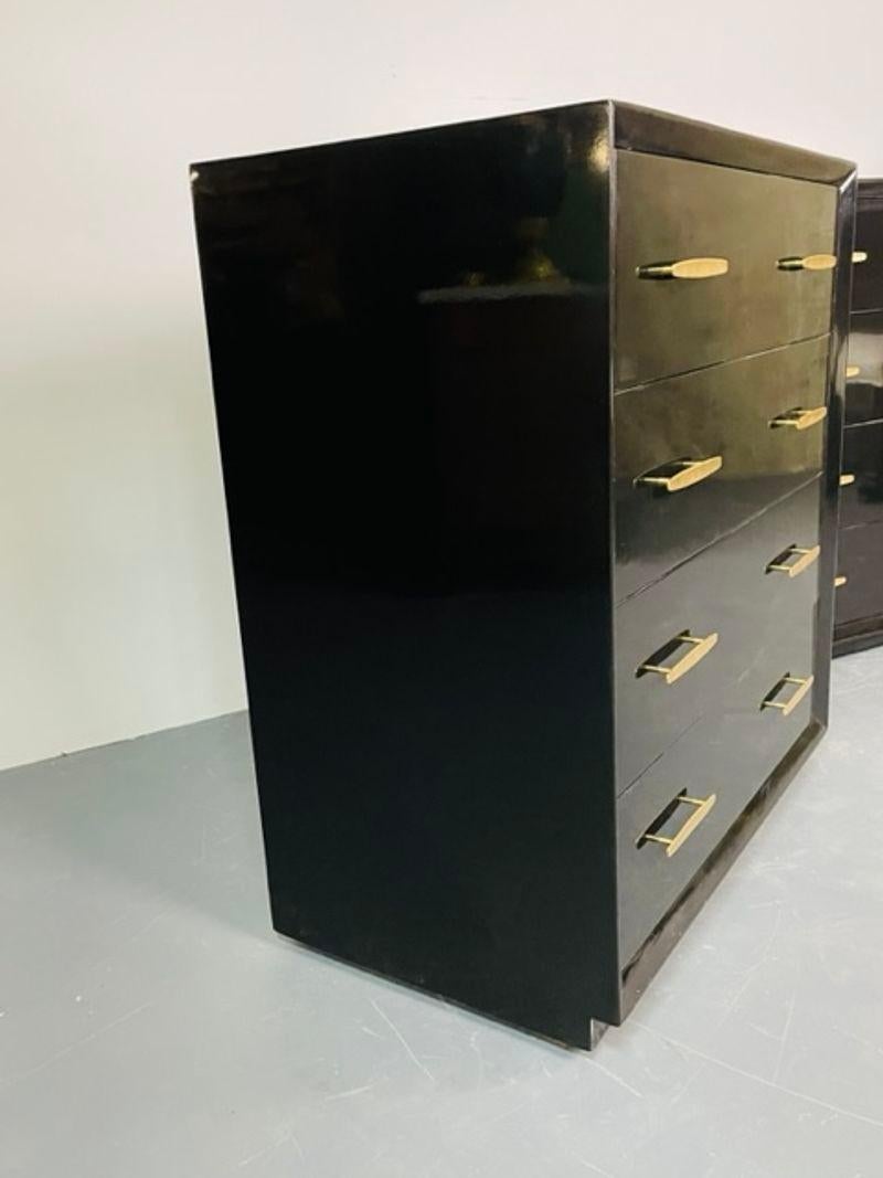 Pair of Mid-Century Modern Ebony Lacquered Chests, Dressers, Brass, American For Sale 4