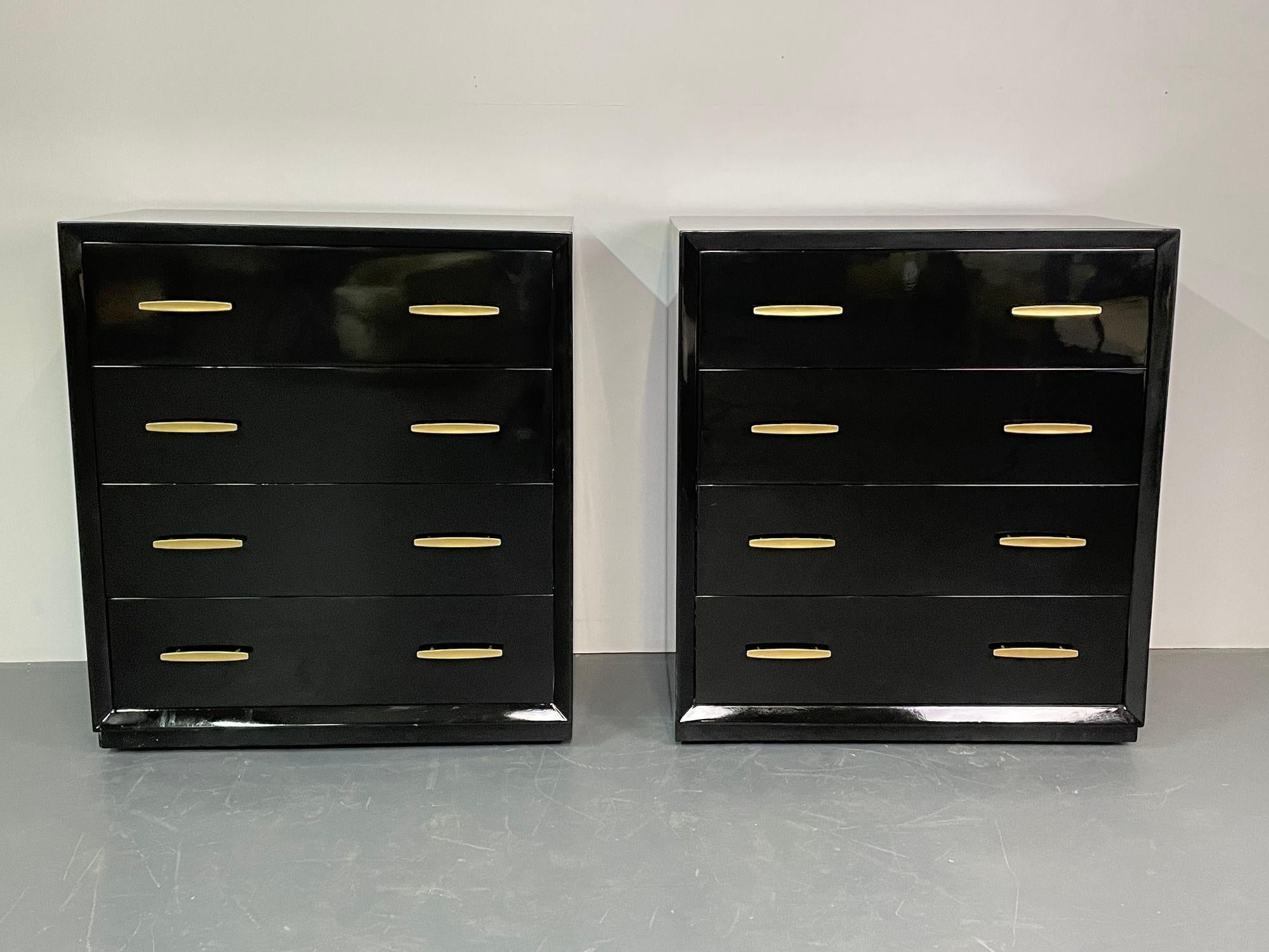 Pair of Mid-Century Modern Ebony Chests, Lacquered dressers, Brass Pulls

A Fine Pair of Recently Black Lacquered Chests or Dressers with four drawers and gilt pulls. Each having clean interiors which slide easily on a shadow box frame on casters.