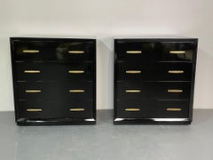 Pair of Mid-Century Modern Ebony Lacquered Chests, Dressers, Brass, American
