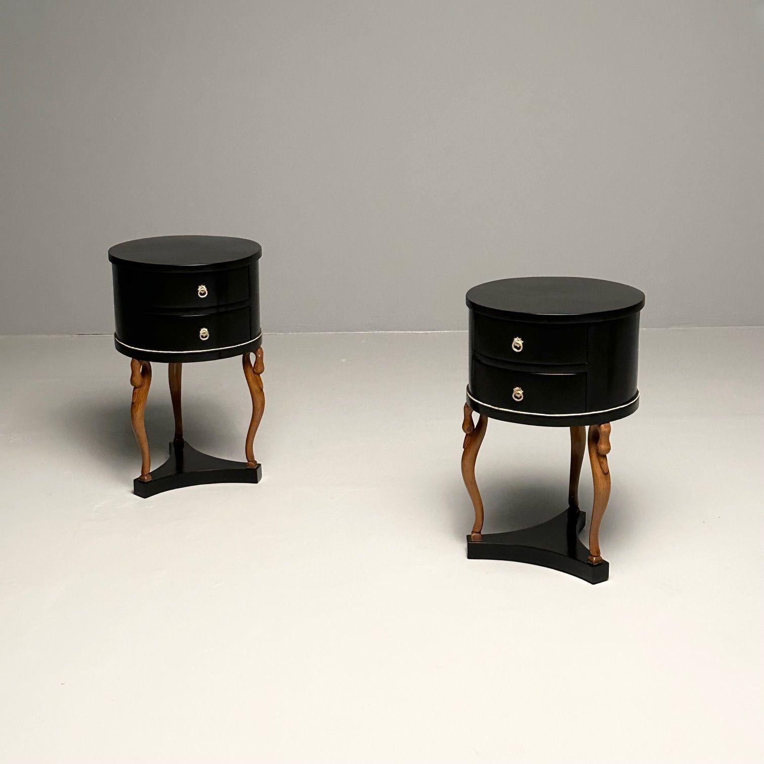 Italian Empire Style, Mid-Century Modern, Side, End Tables, Mahogany, Swan Motif, Italy For Sale