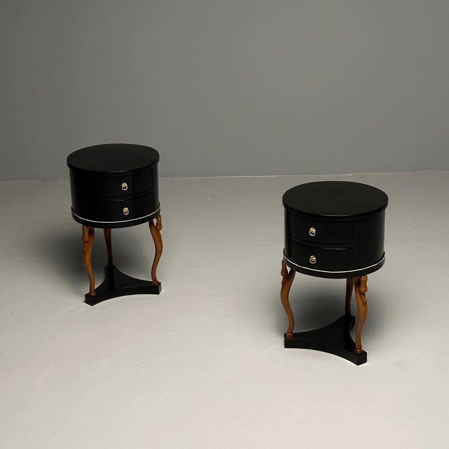 Mid-20th Century Empire Style, Mid-Century Modern, Side, End Tables, Mahogany, Swan Motif, Italy