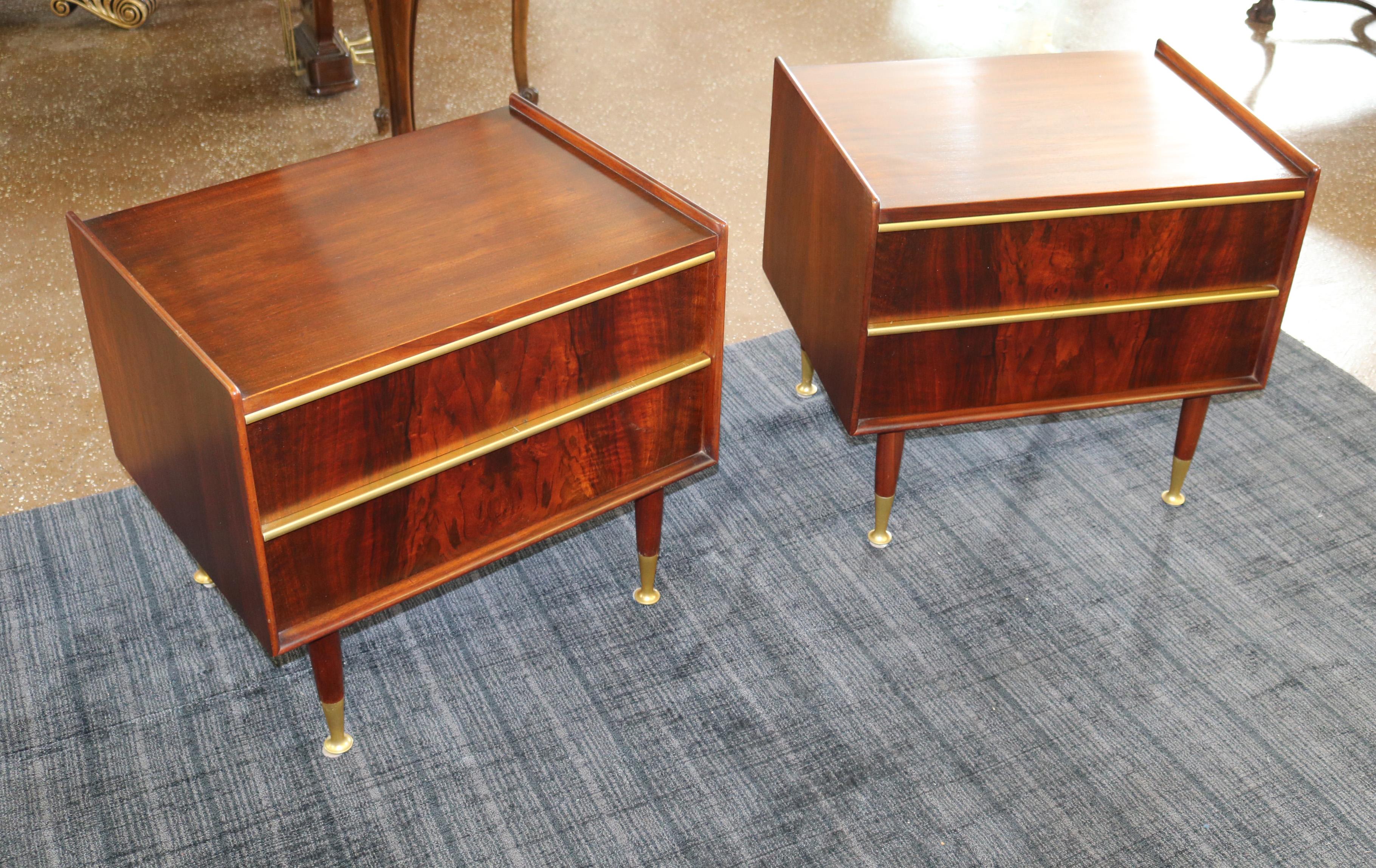 Pair of Mid Century Modern Edmond Spence Swedish Walnut & Brass Night Stands In Good Condition For Sale In Long Branch, NJ