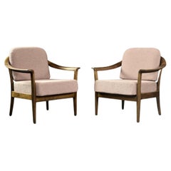 Pair of Mid-Century Modern Elegant Cherry Wood&Dirty Pink Fabric Armchairs