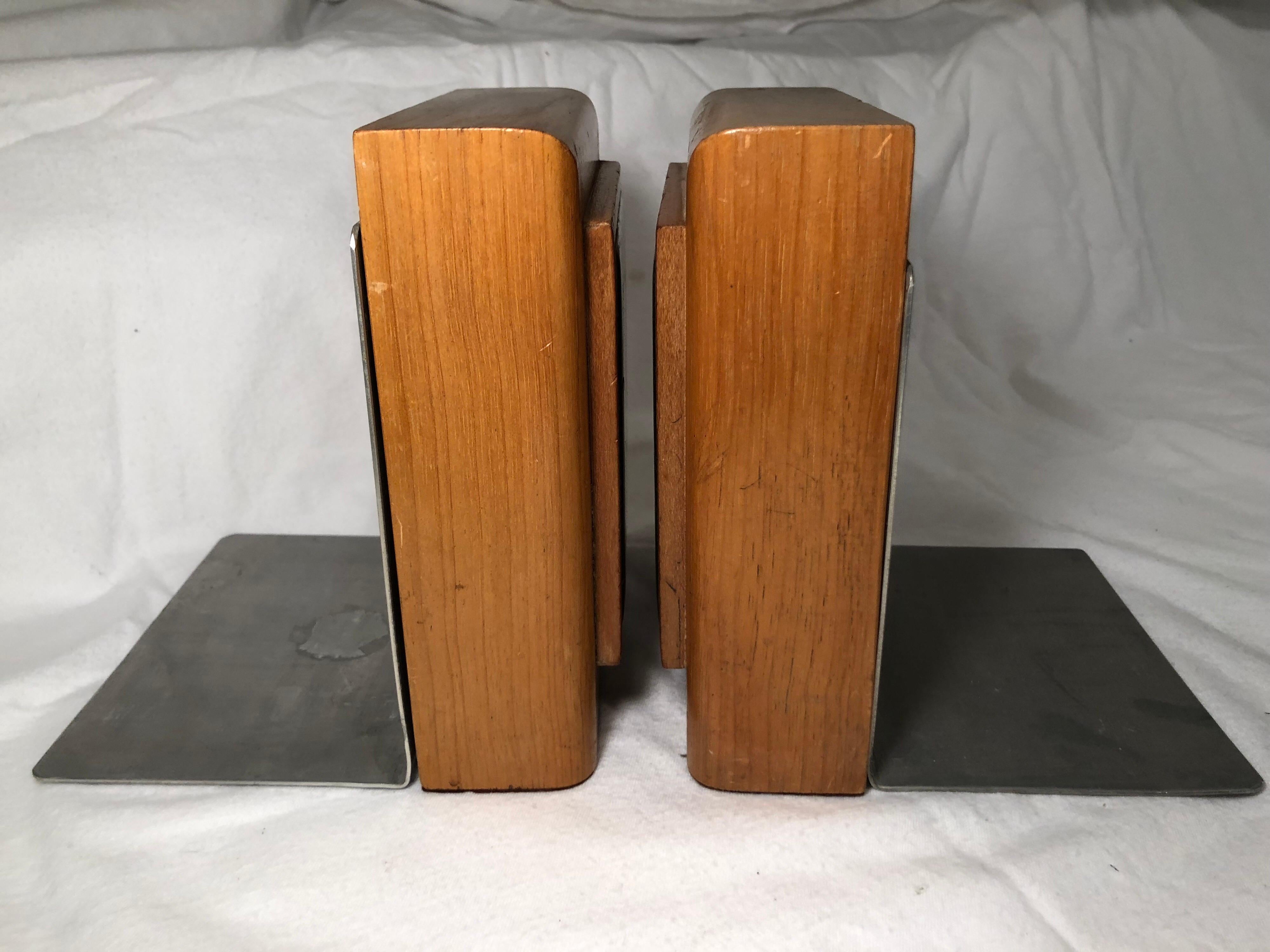 Pair of Mid-Century Modern Enamel and Blonde Wood Bookends Signed Prins 5