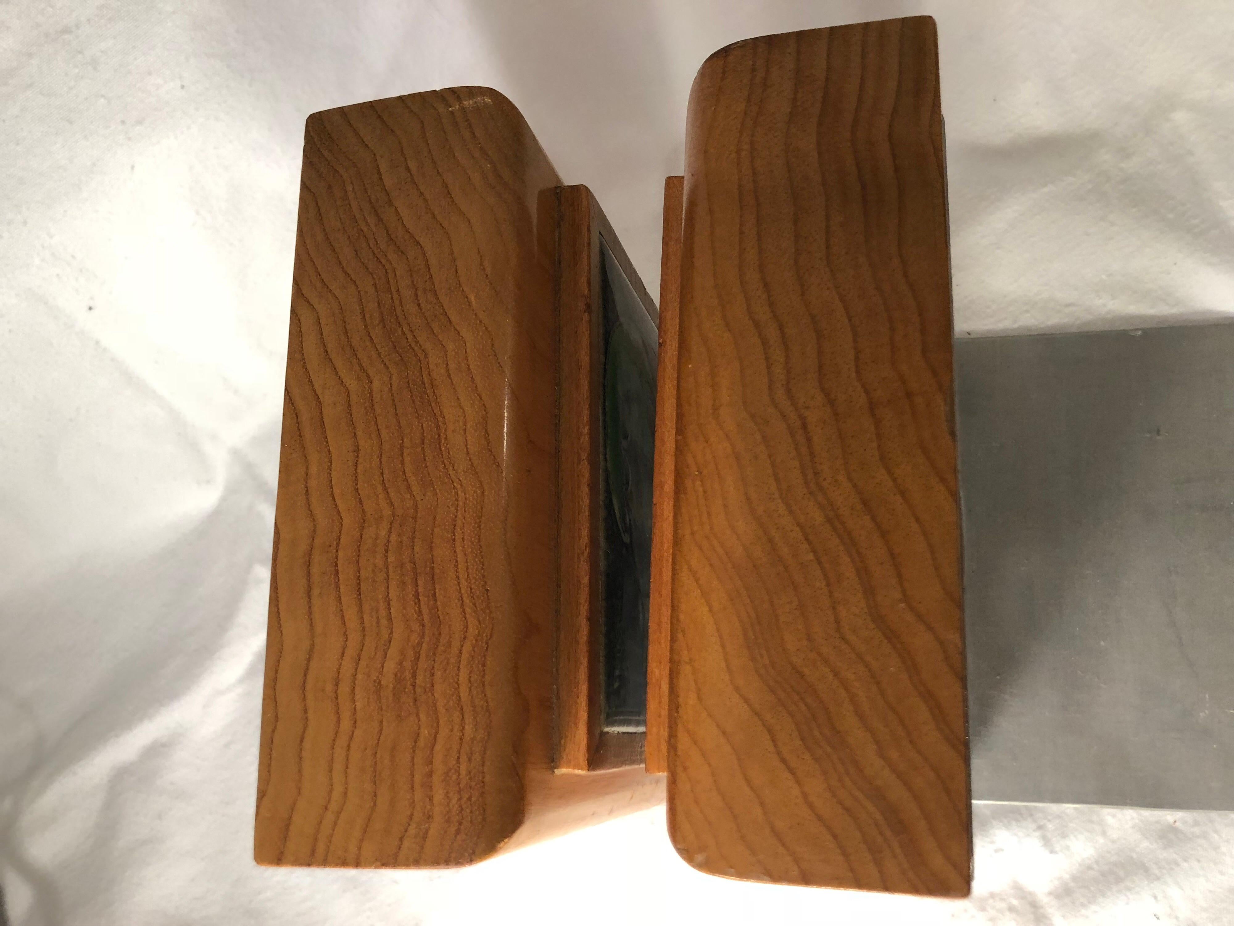 Pair of Mid-Century Modern Enamel and Blonde Wood Bookends Signed Prins 6