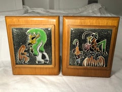 Pair of Mid-Century Modern Enamel and Blonde Wood Bookends Signed Prins