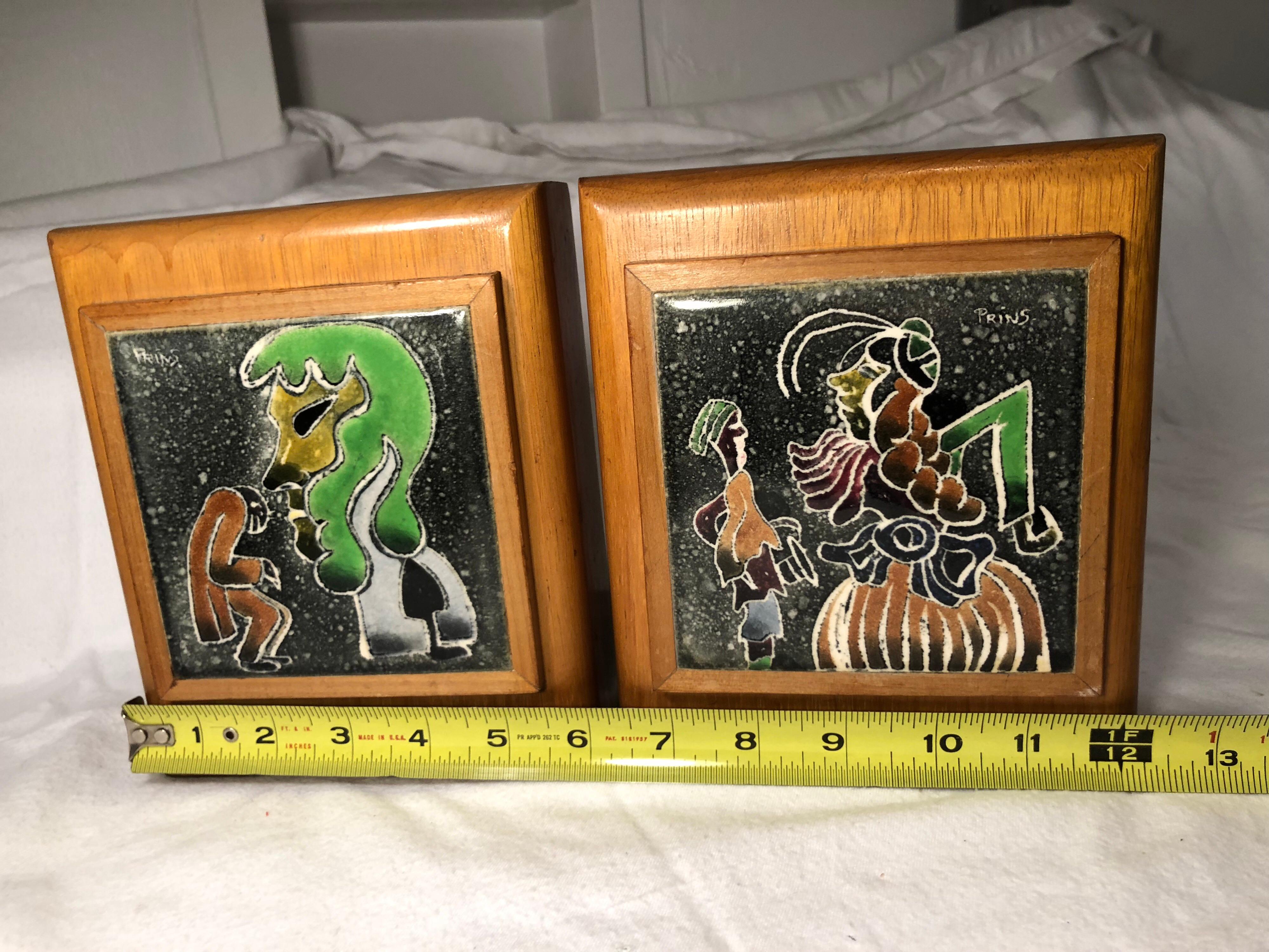 Pair of Mid-Century Modern Enamel and Blonde Wood Bookends Signed Prins In Good Condition In Redding, CT