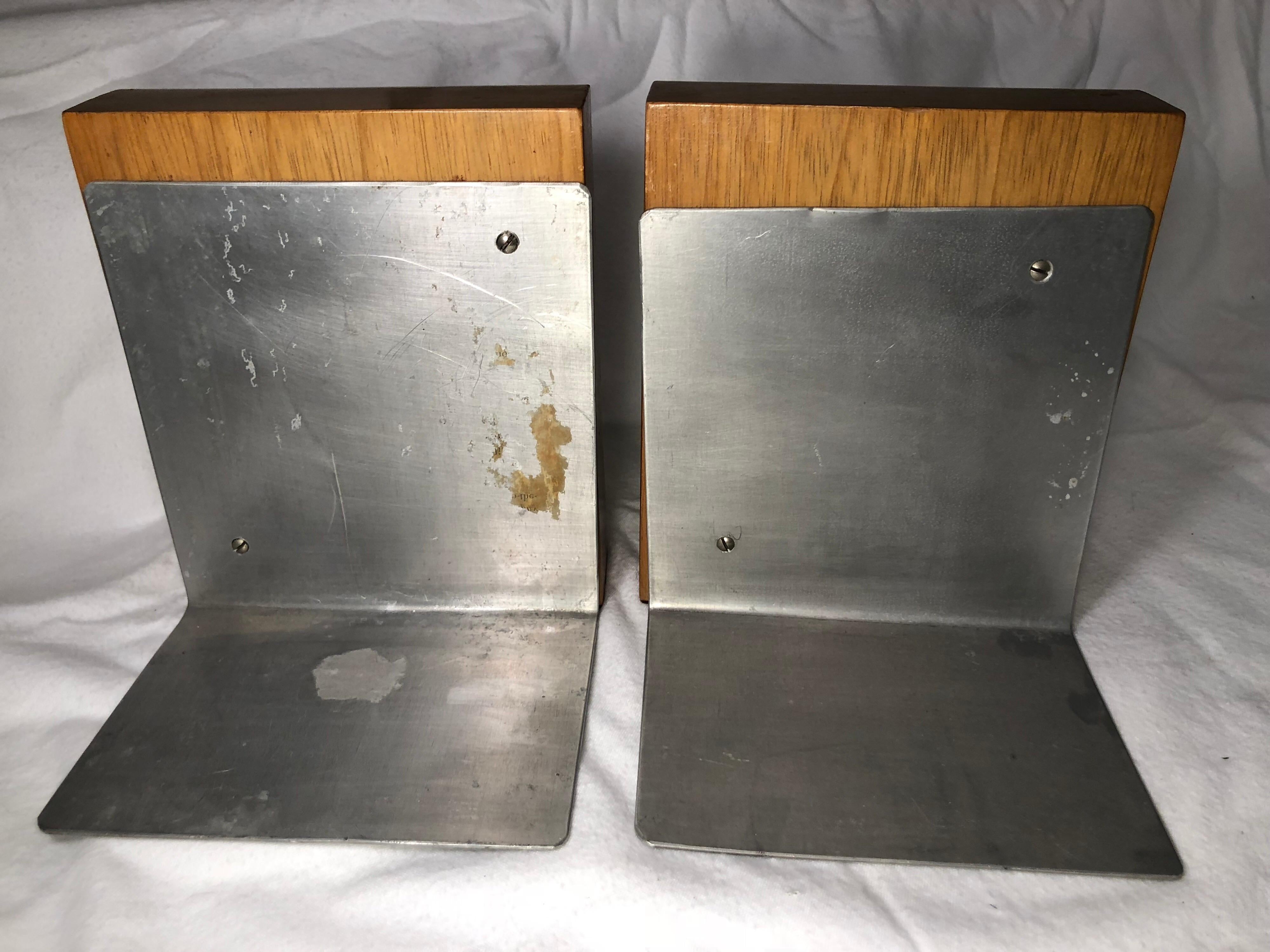 Pair of Mid-Century Modern Enamel and Blonde Wood Bookends Signed Prins 3