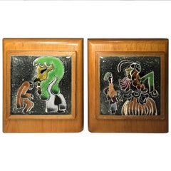 Pair of Mid-Century Modern Enamel and Blonde Wood Bookends Signed Prins