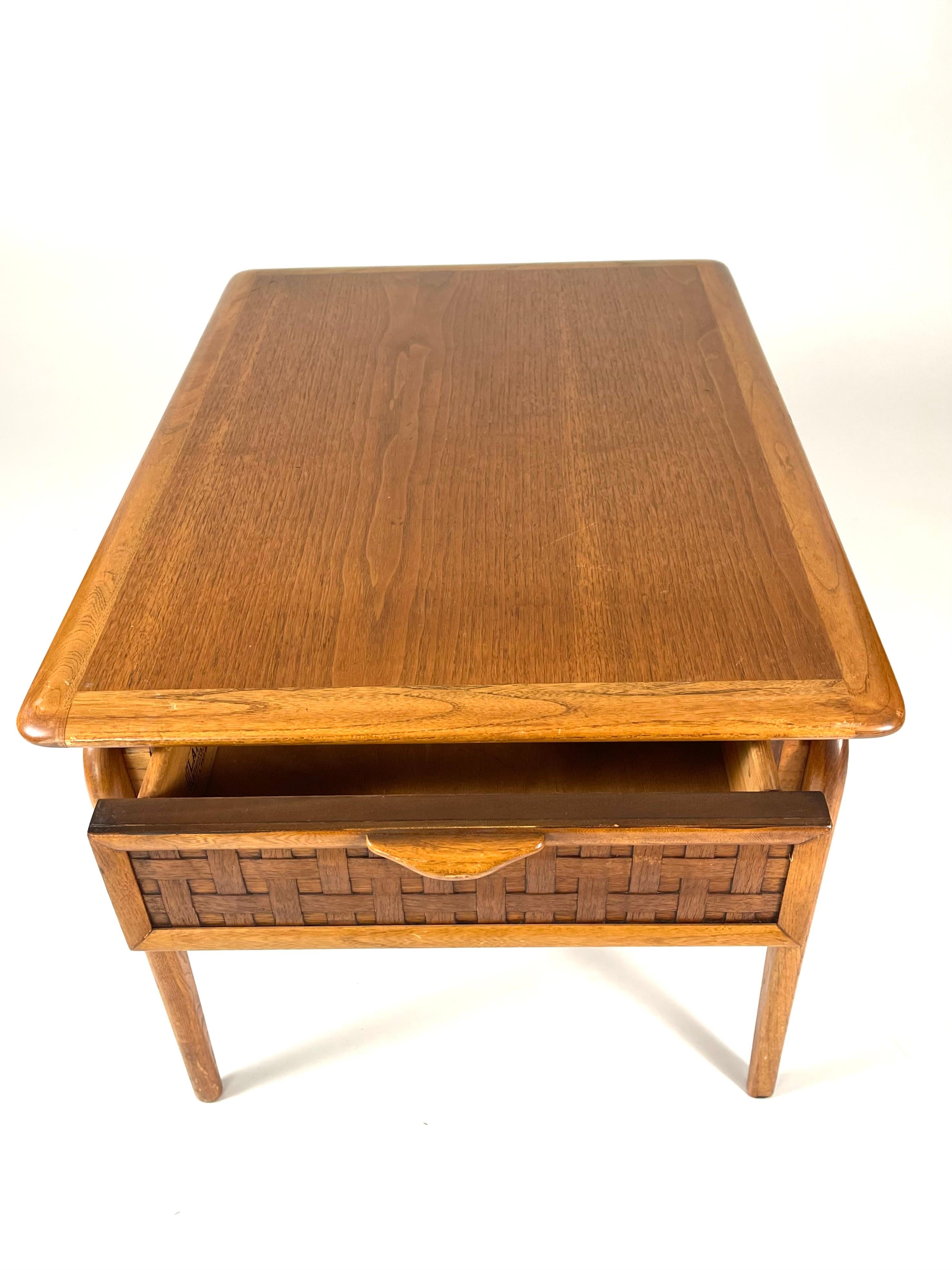 Pair of Mid-Century Modern End Tables with Basket Weave Drawers and Brass Mounts 8