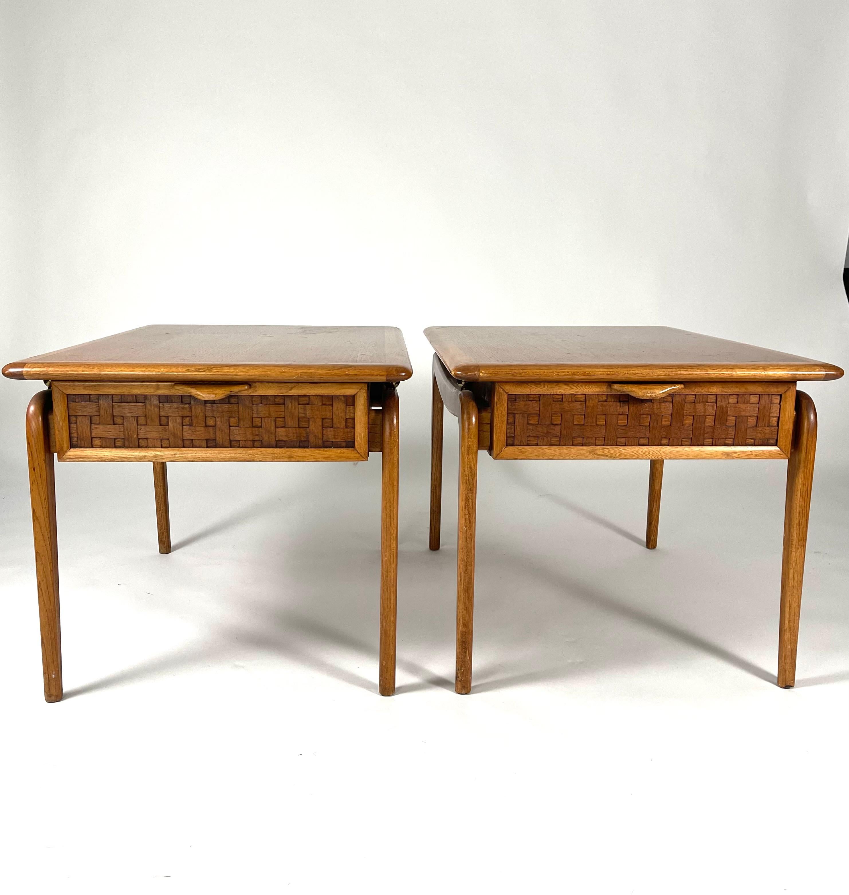 Pair of Mid-Century Modern End Tables with Basket Weave Drawers and Brass Mounts 10