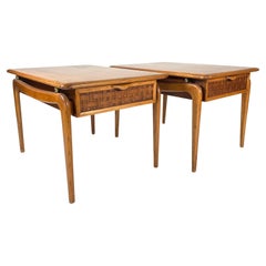 Pair of Mid-Century Modern End Tables with Basket Weave Drawers and Brass Mounts