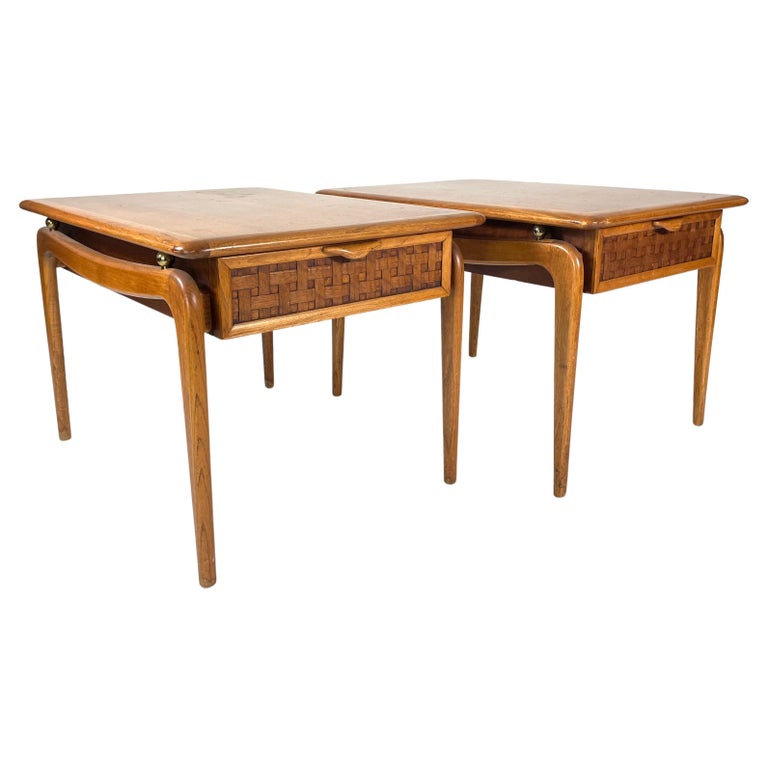 Pair of MidCentury Modern End Tables with Basket Weave Drawers and