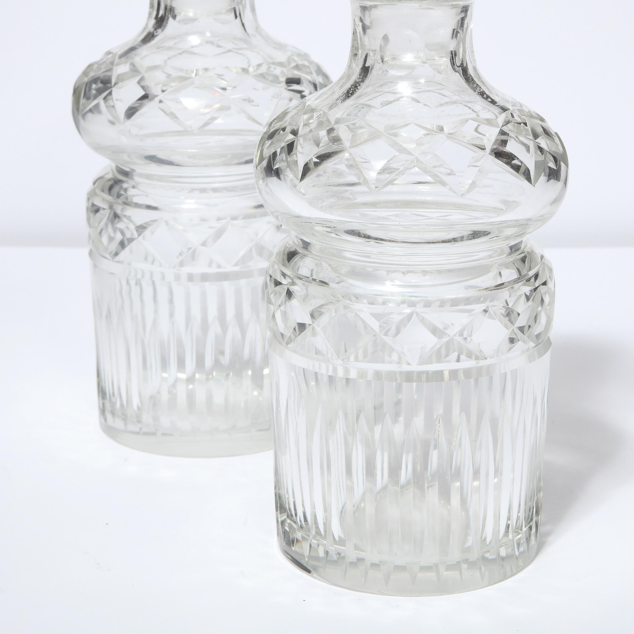 Pair of Mid-Century Modern Etched Translucent Crystal Decanters 1