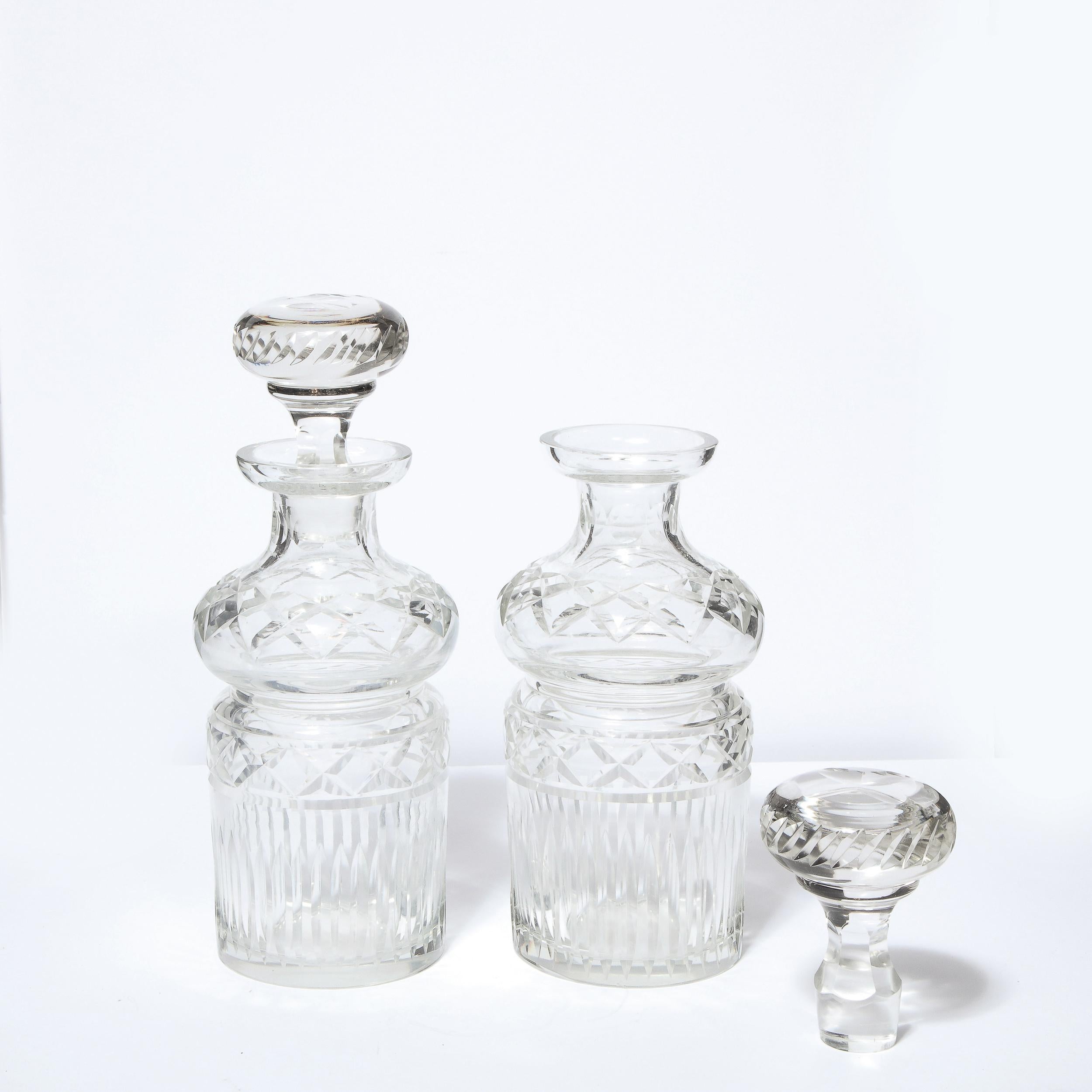 Pair of Mid-Century Modern Etched Translucent Crystal Decanters 2