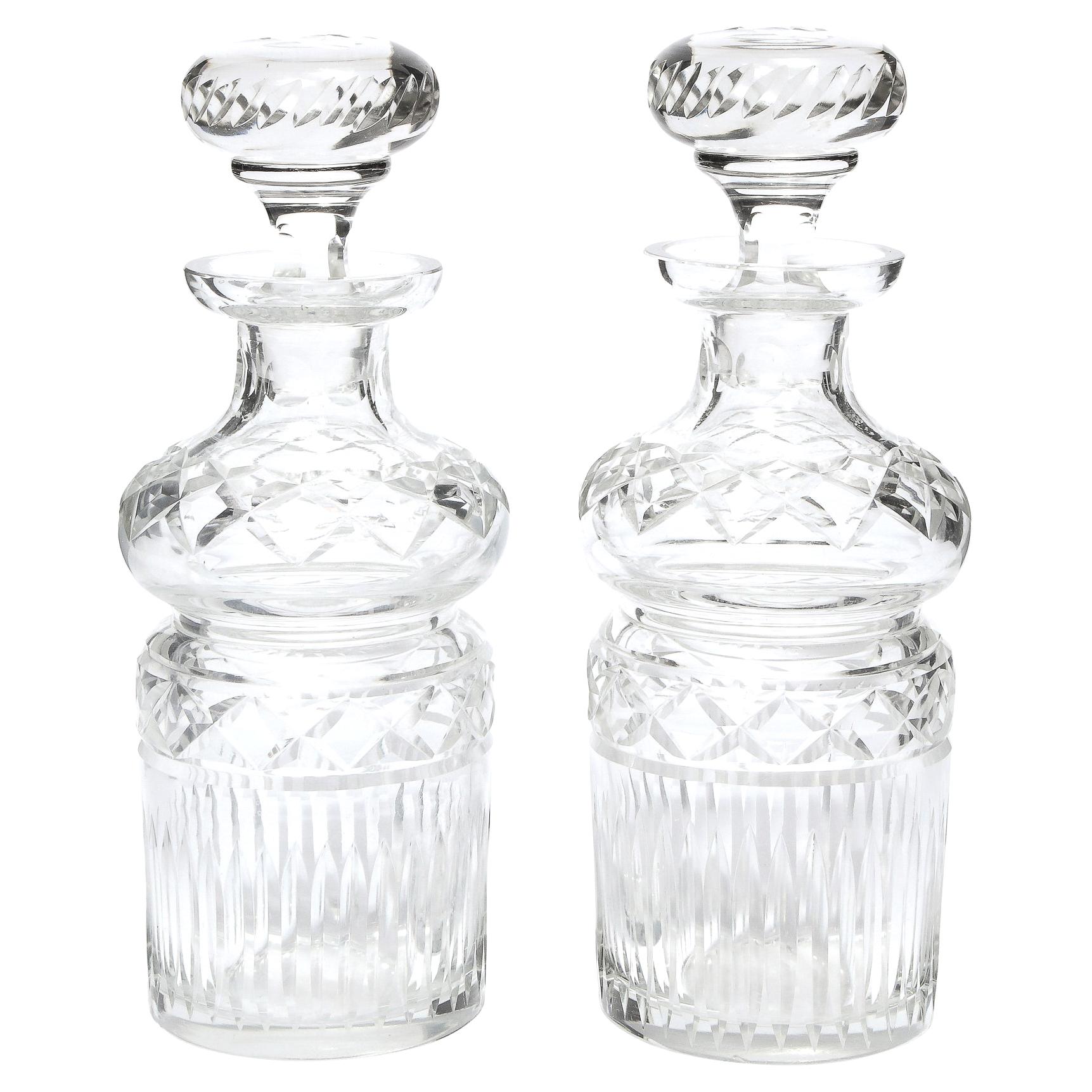 Pair of Mid-Century Modern Etched Translucent Crystal Decanters