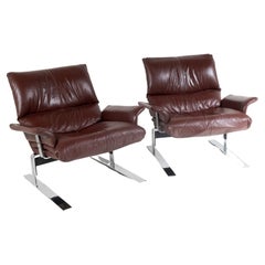 Pair of Mid-Century Modern Executive Brown Leather on Chrome Armchairs by Pieff