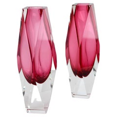 Pair of Mid-Century Modern Faceted Cranberry Red Murano Candlesticks / Bud Vases