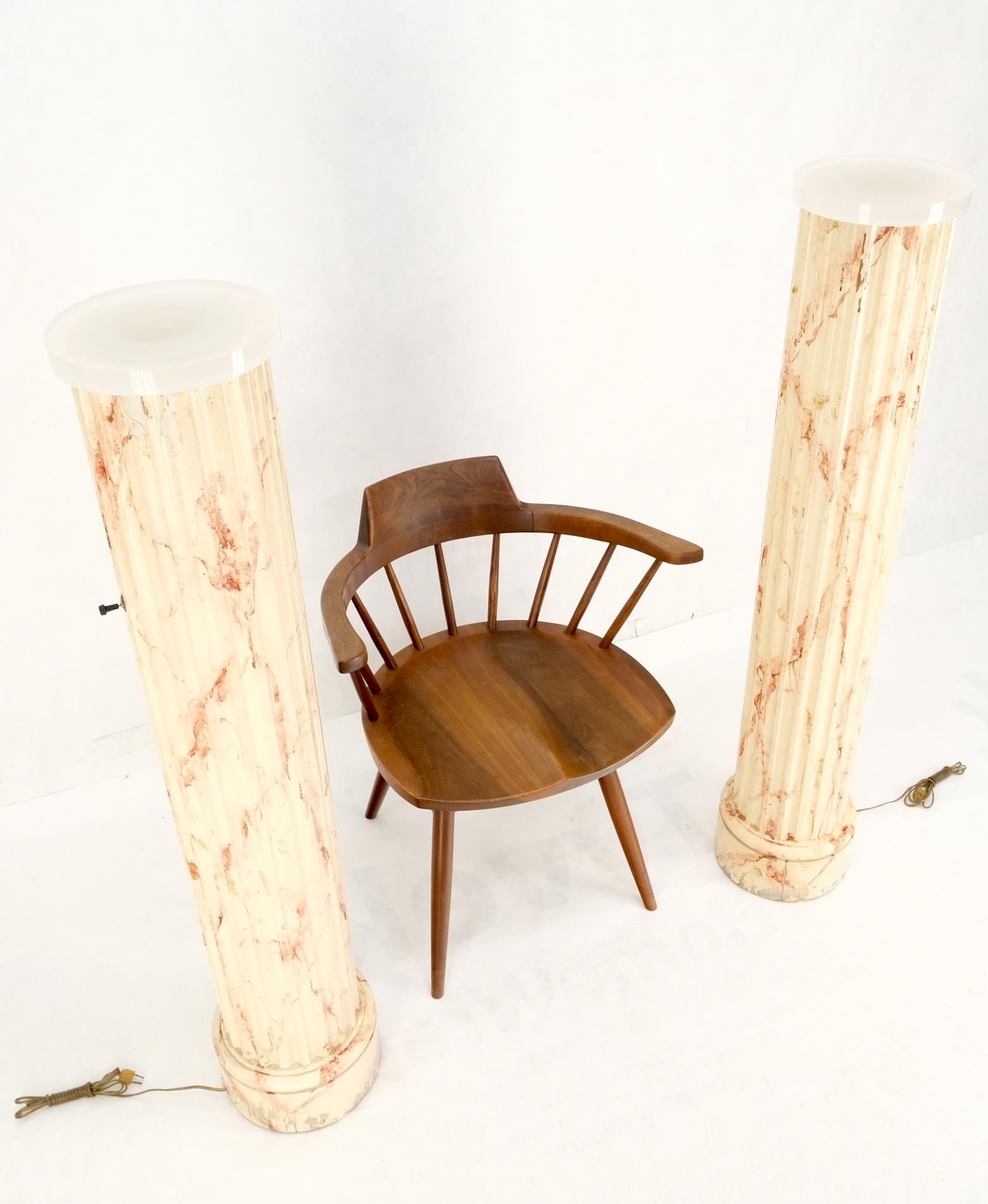 Pair of Mid-Century Modern faux decorated columns lighted pedestals floor lamps.