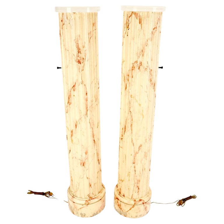 Pair of MidCentury Modern Faux Decorated Columns Lighted Pedestals