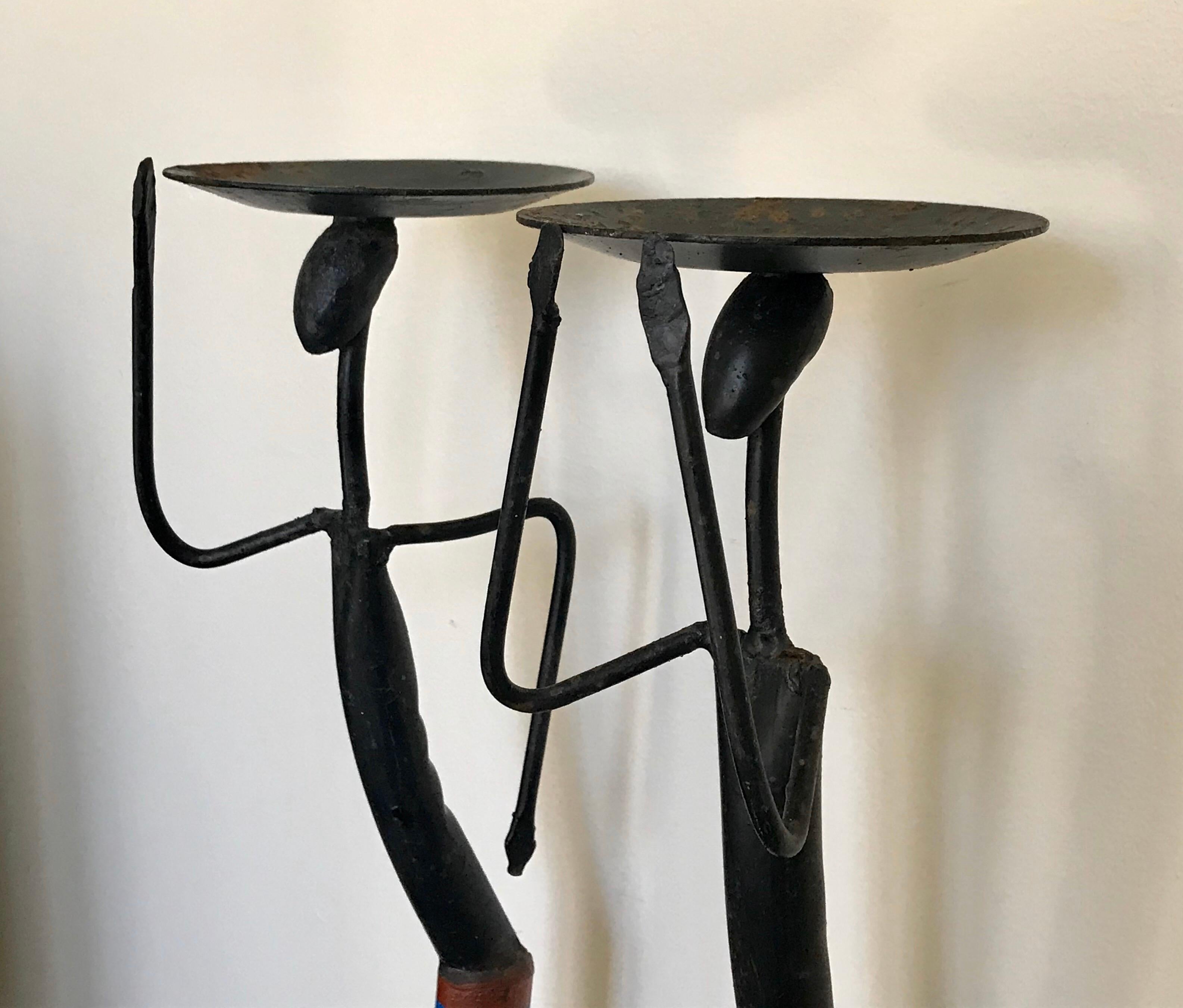 American Pair of Mid-Century Modern Figurative Wrought Iron Candleholders, 1960s
