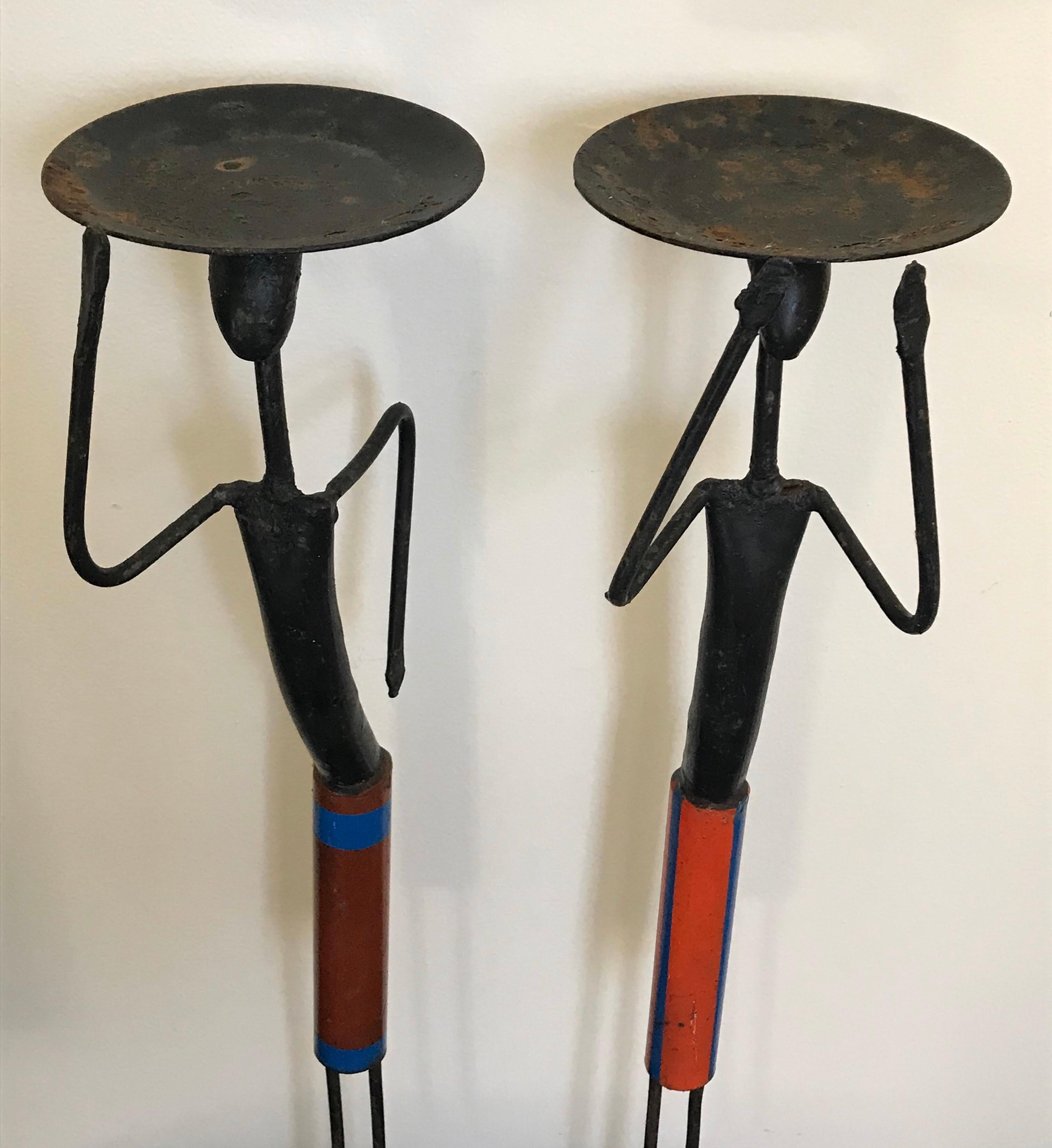 Hand-Painted Pair of Mid-Century Modern Figurative Wrought Iron Candleholders, 1960s