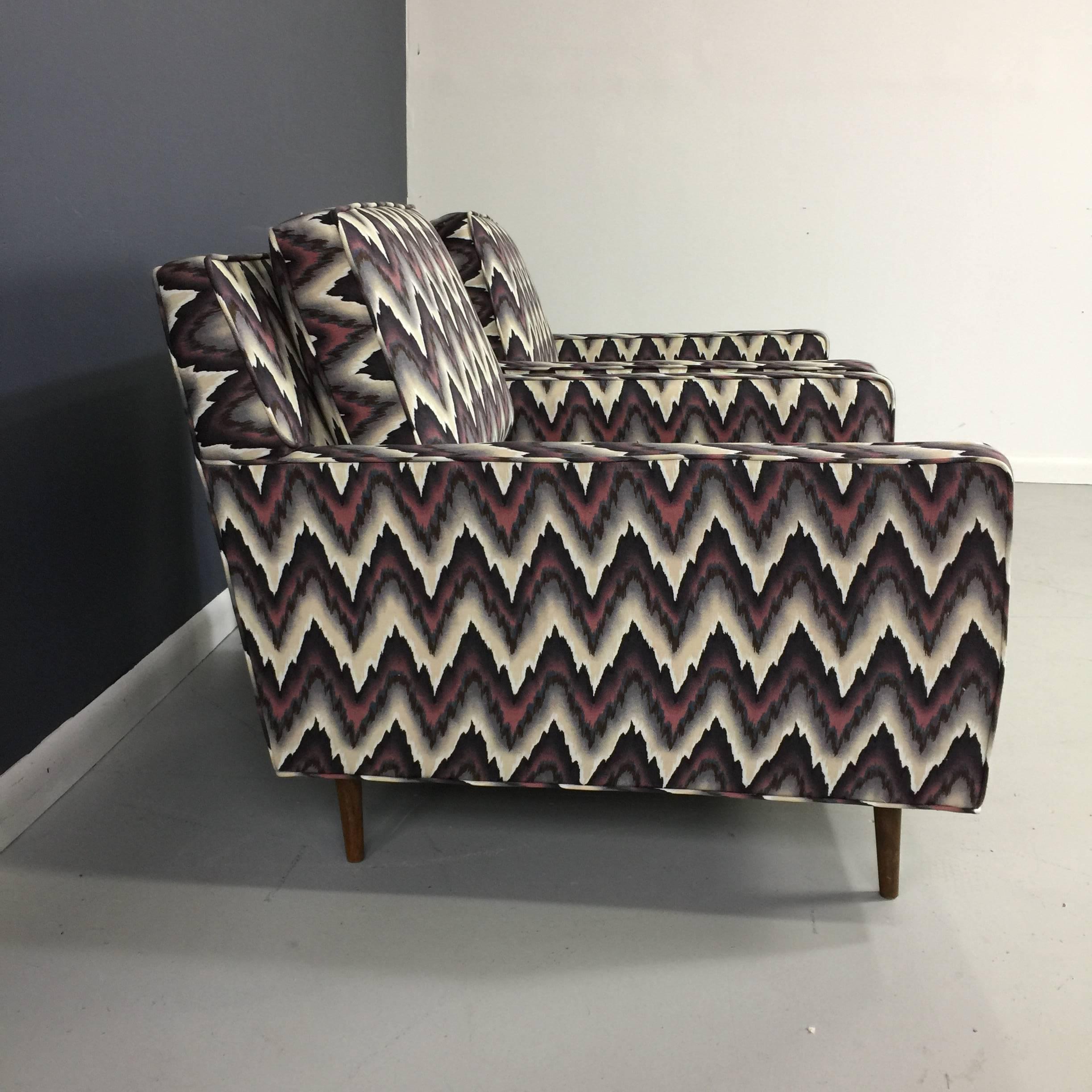 Description these 1960s cube chairs have been lovingly restored and upholstered in vintage 1980s fabric that mimics bargello flamestitch. Fabric is white, mauve pink purple, blue, grey and black. Measure: Seats are 18 high. Legs are walnut.