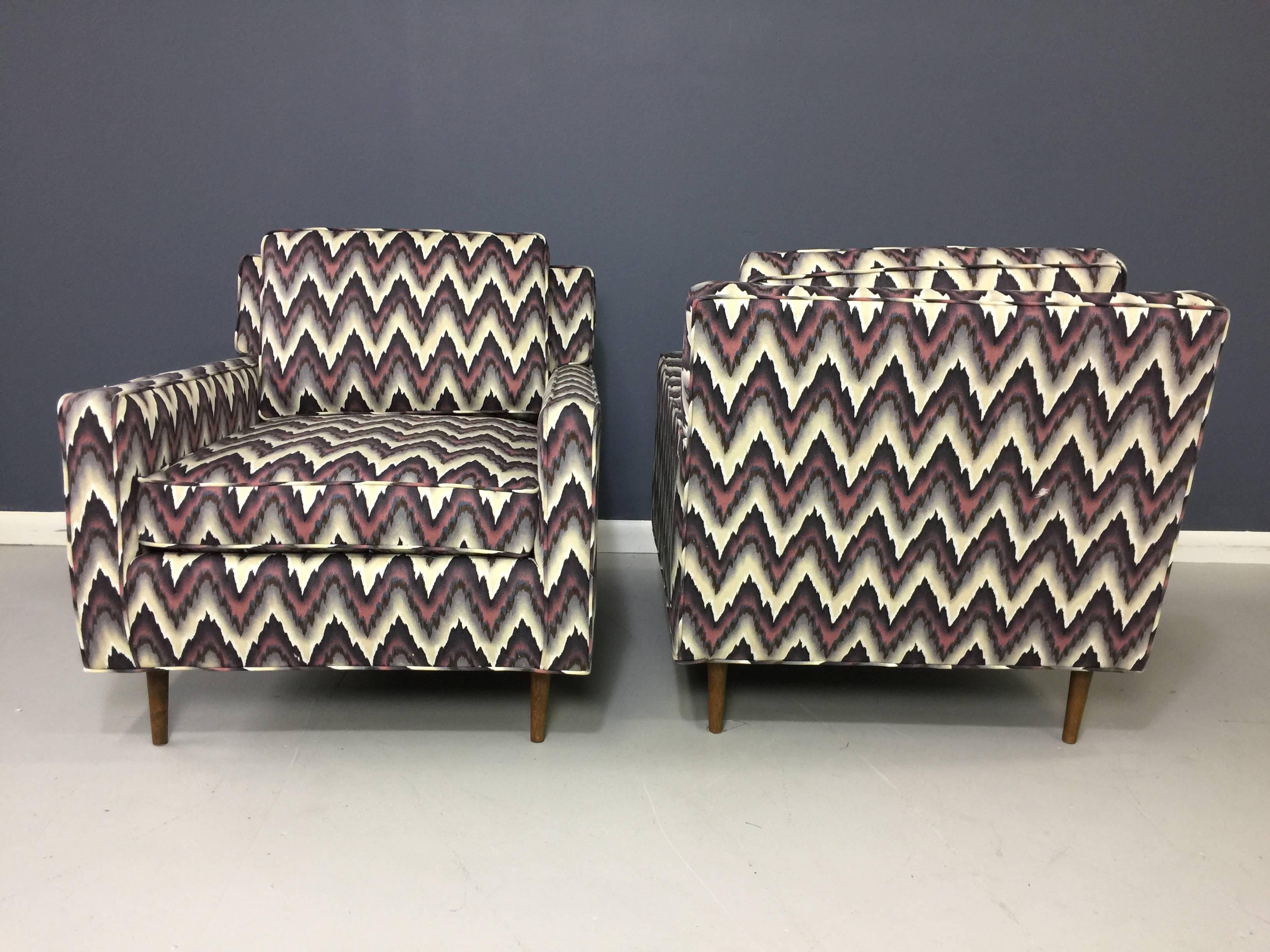 20th Century Pair of Mid-Century Modern Flame Stitch Chevron Cube Chairs